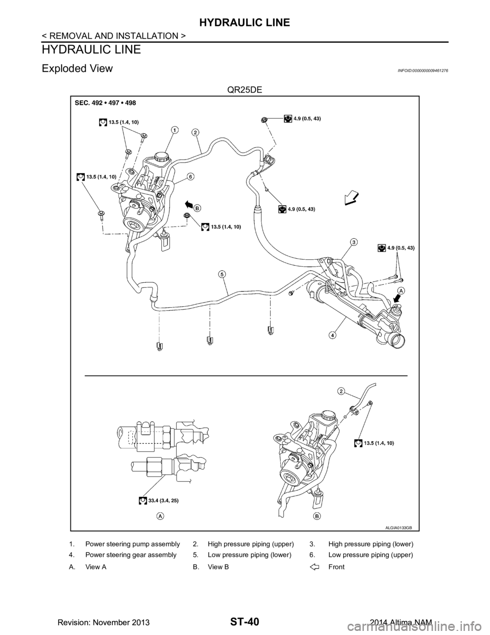 NISSAN TEANA 2014  Service Manual 
ST-40
< REMOVAL AND INSTALLATION >
HYDRAULIC LINE
HYDRAULIC LINE
Exploded ViewINFOID:0000000009461276
QR25DE
ALGIA0133GB
1. Power steering pump assembly 2. High pressure piping (upper) 3. High pressu