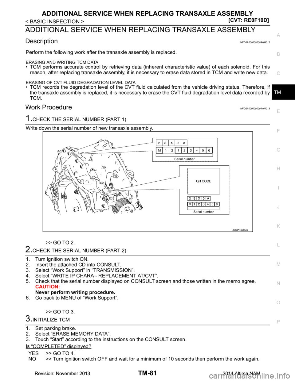 NISSAN TEANA 2014  Service Manual 
ADDITIONAL SERVICE WHEN REPLACING TRANSAXLE ASSEMBLY
TM-81
< BASIC INSPECTION > [CVT: RE0F10D]
C
EF
G H
I
J
K L
M A 
B
TM
N
O P
ADDITIONAL SERVICE WHEN RE PLACING TRANSAXLE ASSEMBLY
DescriptionINFOID