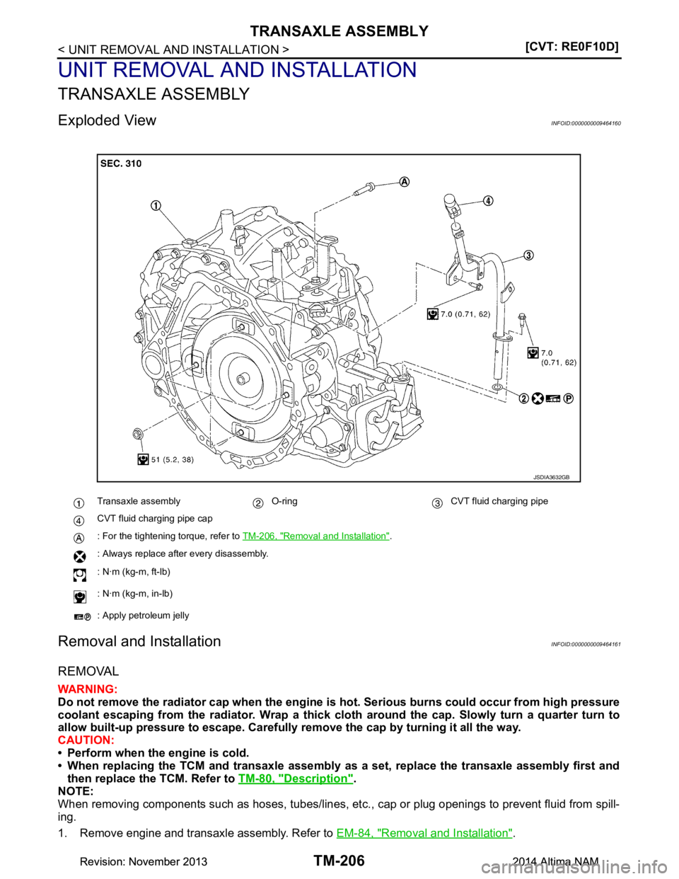 NISSAN TEANA 2014  Service Manual 
TM-206
< UNIT REMOVAL AND INSTALLATION >[CVT: RE0F10D]
TRANSAXLE ASSEMBLY
UNIT REMOVAL AND INSTALLATION
TRANSAXLE ASSEMBLY
Exploded ViewINFOID:0000000009464160
Removal and InstallationINFOID:00000000