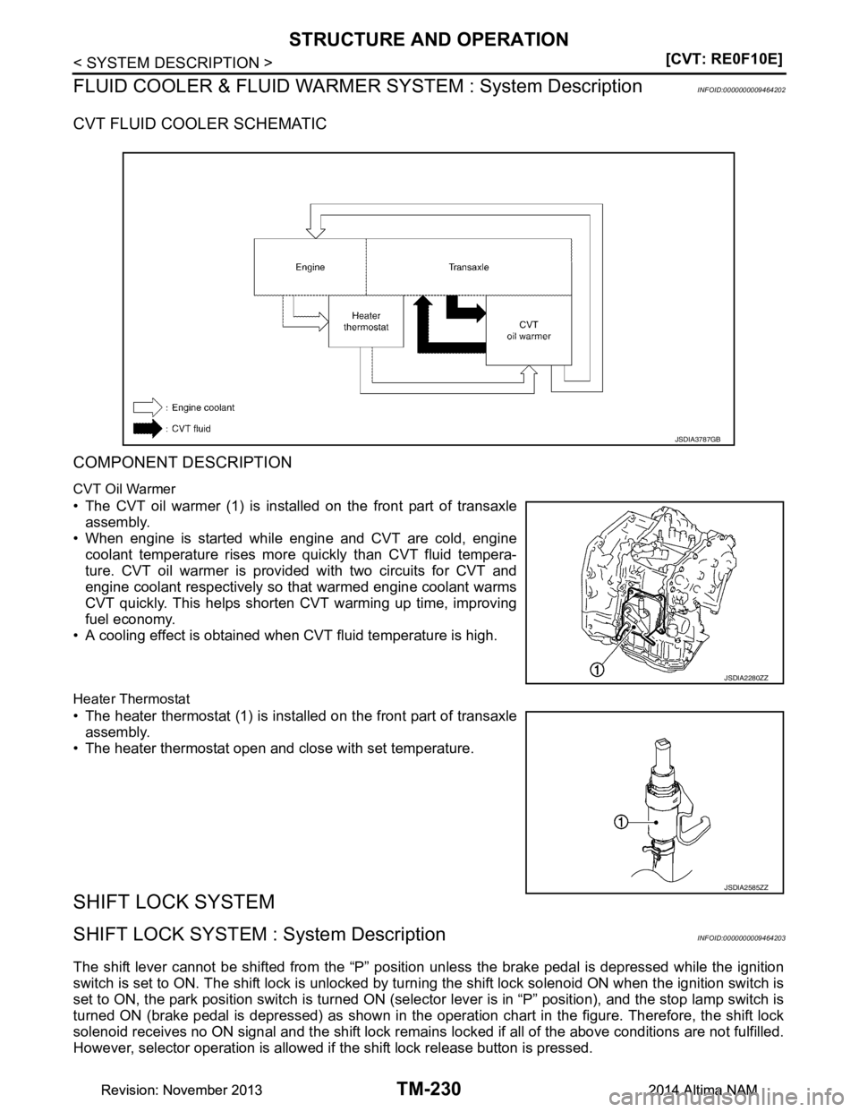 NISSAN TEANA 2014  Service Manual 
TM-230
< SYSTEM DESCRIPTION >[CVT: RE0F10E]
STRUCTURE AND OPERATION
FLUID COOLER & FLUID WARMER  SYSTEM : System Description
INFOID:0000000009464202
CVT FLUID COOLER SCHEMATIC 
COMPONENT DESCRIPTION
