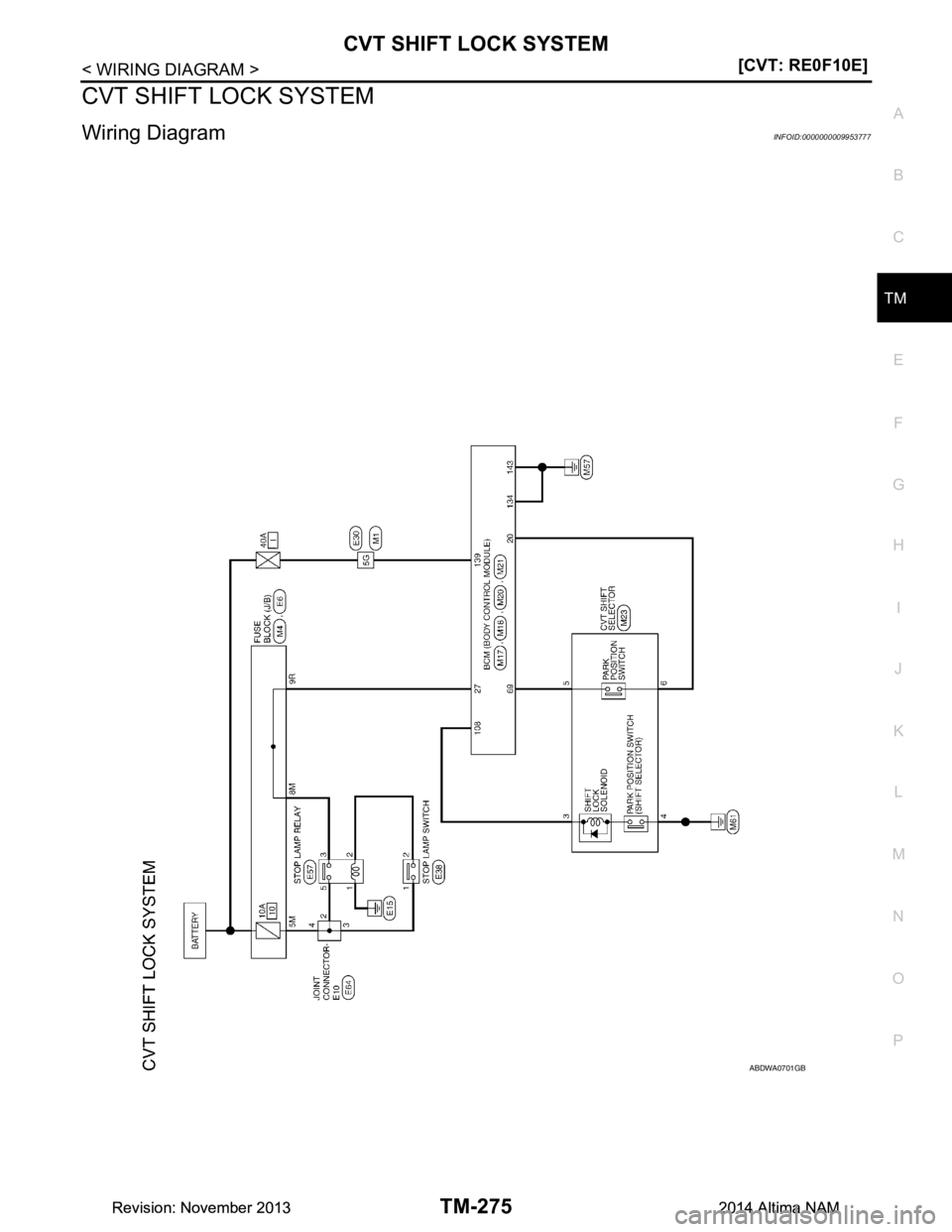 NISSAN TEANA 2014  Service Manual 
CVT SHIFT LOCK SYSTEMTM-275
< WIRING DIAGRAM > [CVT: RE0F10E]
C
EF
G H
I
J
K L
M A 
B
TM
N
O P
CVT SHIFT LOCK SYSTEM
Wiring DiagramINFOID:0000000009953777
ABDWA0701GB
Revision: November 20132014 Alti