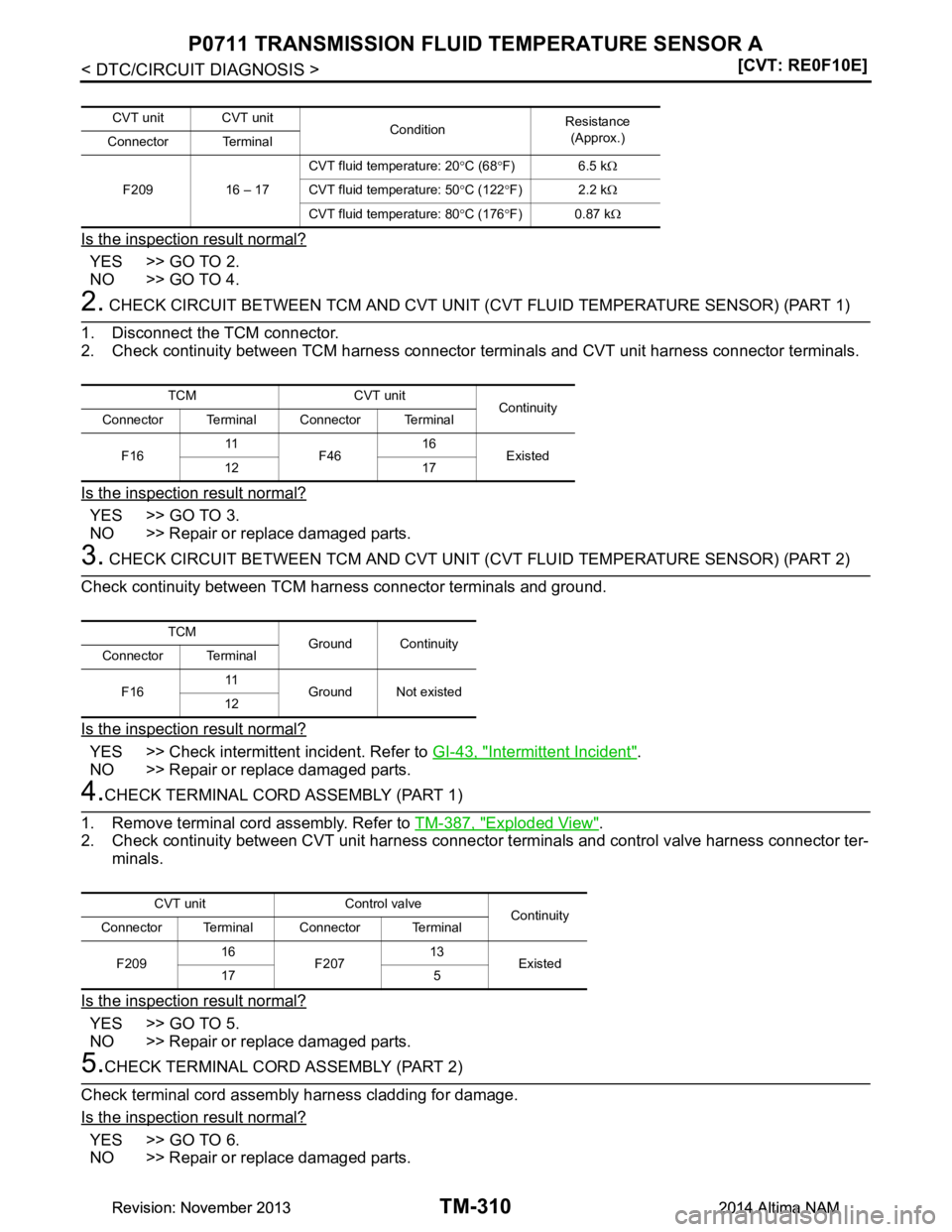 NISSAN TEANA 2014  Service Manual 
TM-310
< DTC/CIRCUIT DIAGNOSIS >[CVT: RE0F10E]
P0711 TRANSMISSION FLUID
 TEMPERATURE SENSOR A
Is the inspection result normal?
YES >> GO TO 2. 
NO >> GO TO 4.
2. CHECK CIRCUIT BETWEEN TCM AND CVT UNI