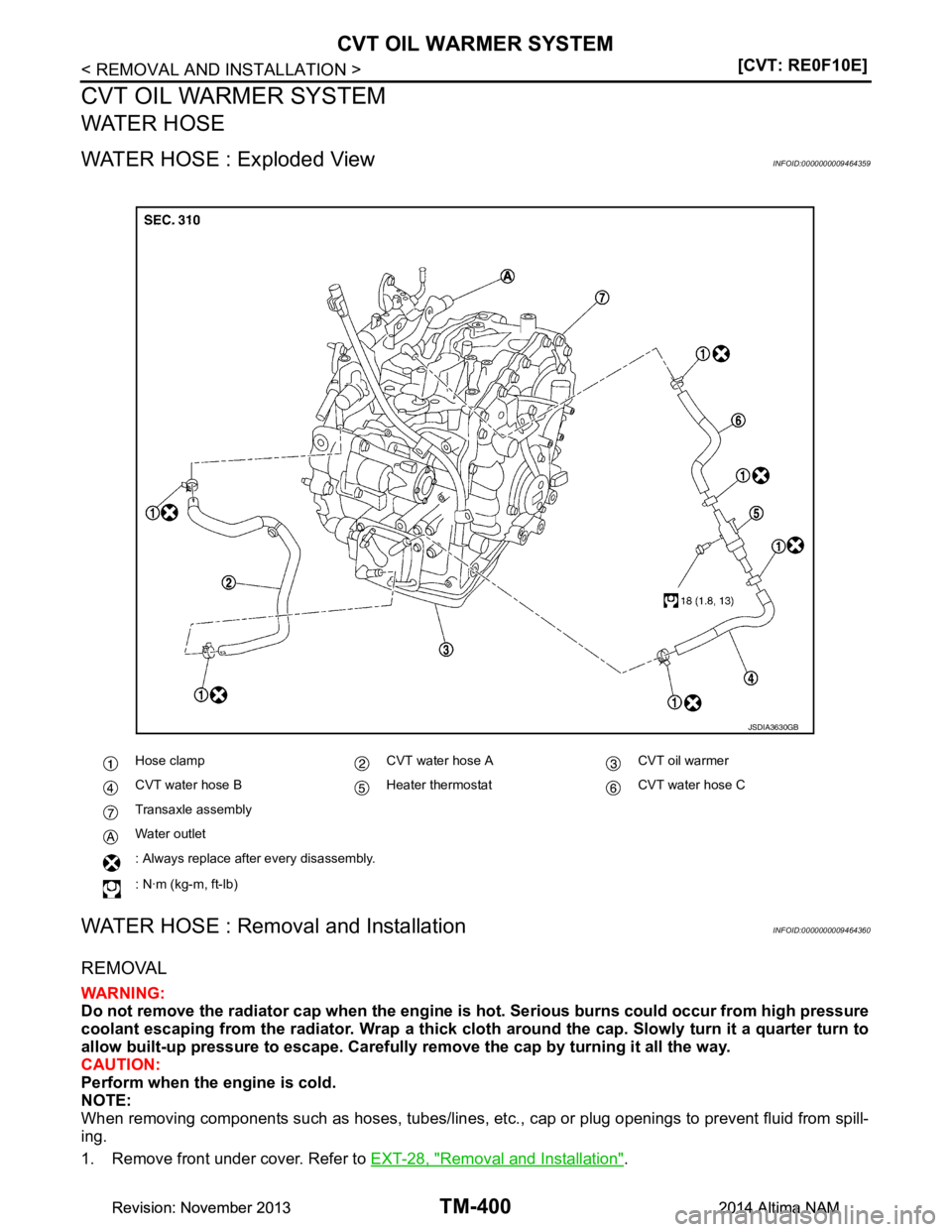 NISSAN TEANA 2014  Service Manual 
TM-400
< REMOVAL AND INSTALLATION >[CVT: RE0F10E]
CVT OIL WARMER SYSTEM
CVT OIL WARMER SYSTEM
WATER HOSE
WATER HOSE : Exploded ViewINFOID:0000000009464359
WATER HOSE : Removal and InstallationINFOID: