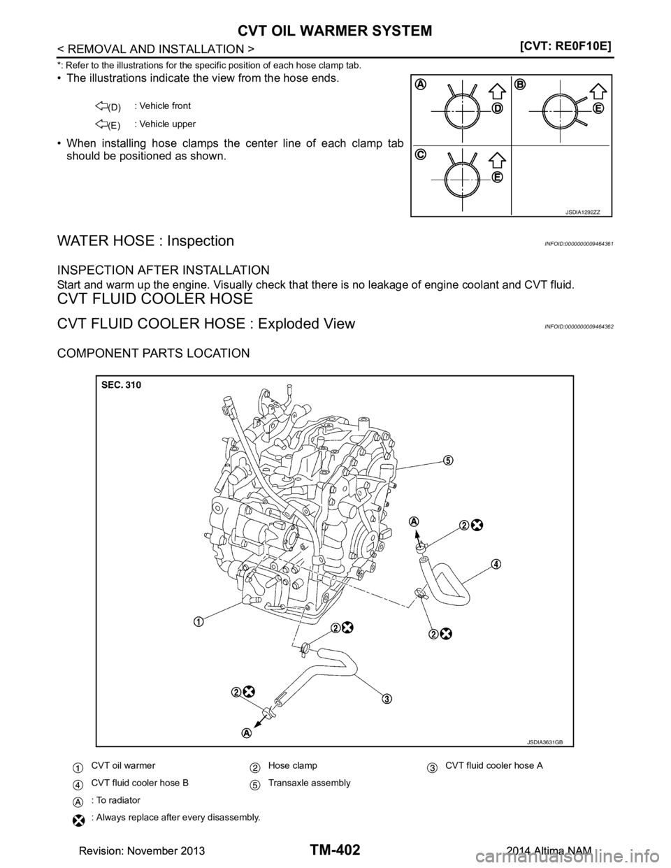 NISSAN TEANA 2014  Service Manual 
TM-402
< REMOVAL AND INSTALLATION >[CVT: RE0F10E]
CVT OIL WARMER SYSTEM
*: Refer to the illustrations for the specific position of each hose clamp tab.
• The illustrations indicate the view from th