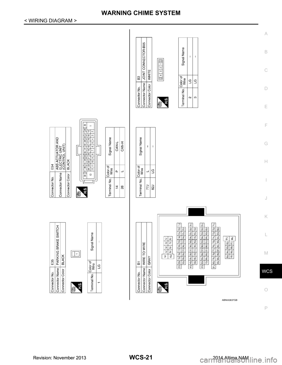 NISSAN TEANA 2014  Service Manual 
WCS
WARNING CHIME SYSTEMWCS-21
< WIRING DIAGRAM >
C 
D E
F
G H
I
J
K L
M B 
A
O P
ABNIA3637GB
Revision: November 20132014 Altima NAMRevision: November 20132014 Altima NAM 