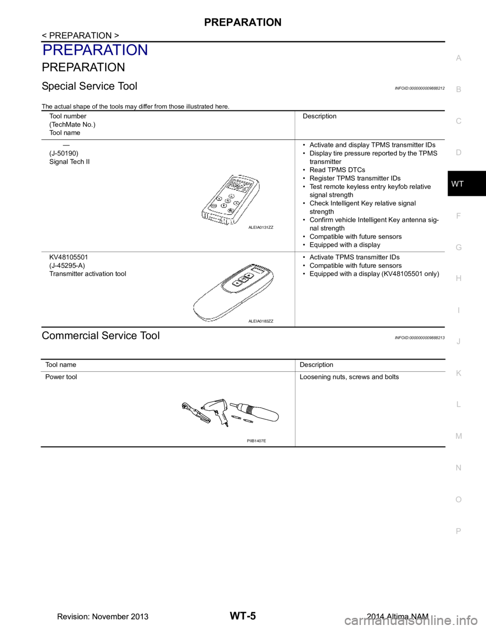 NISSAN TEANA 2014 Service Manual
PREPARATIONWT-5
< PREPARATION >
C
D
F
G H
I
J
K L
M A
B
WT
N
O P
PREPARATION
PREPARATION
Special Service ToolINFOID:0000000009888212
The actual shape of the tools may di ffer from those illustrated NISSAN TEANA 2014 Service Manual
PREPARATIONWT-5
< PREPARATION >
C
D
F
G H
I
J
K L
M A
B
WT
N
O P
PREPARATION
PREPARATION
Special Service ToolINFOID:0000000009888212
The actual shape of the tools may di ffer from those illustrated