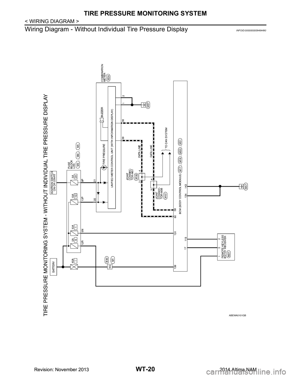 NISSAN TEANA 2014  Service Manual 
WT-20
< WIRING DIAGRAM >
TIRE PRESSURE MONITORING SYSTEM
Wiring Diagram - Without Indivi dual Tire Pressure Display
INFOID:0000000009464490
ABEWA0101GB
Revision: November 20132014 Altima NAMRevision: