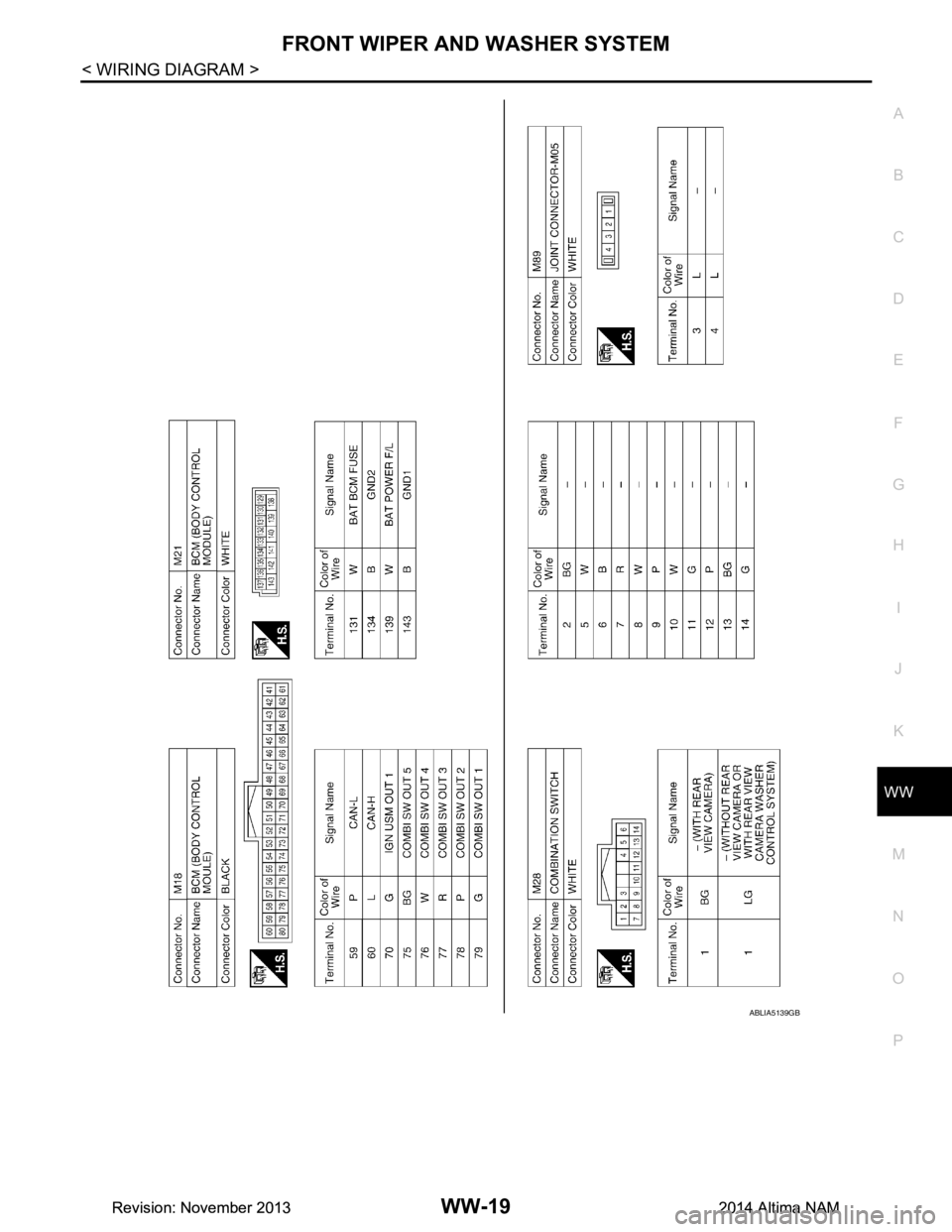 NISSAN TEANA 2014  Service Manual 
FRONT WIPER AND WASHER SYSTEMWW-19
< WIRING DIAGRAM >
C 
D E
F
G H
I
J
K
M A 
B
WW
N
O P
ABLIA5139GB
Revision: November 20132014 Altima NAMRevision: November 20132014 Altima NAM 