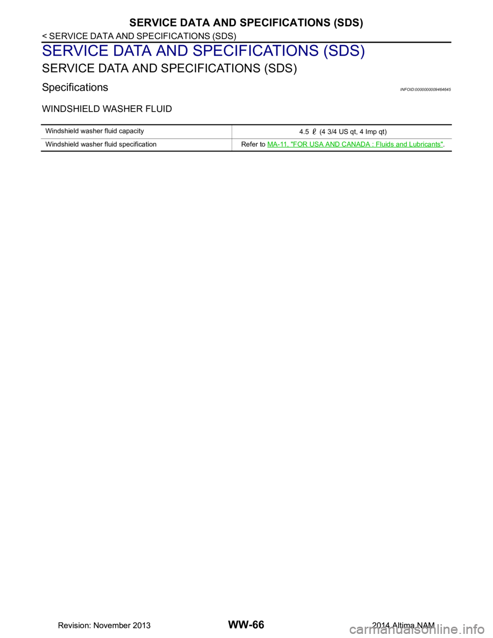 NISSAN TEANA 2014  Service Manual 
WW-66
< SERVICE DATA AND SPECIFICATIONS (SDS) 
SERVICE DATA AND SPECIFICATIONS (SDS)
SERVICE DATA AND SPECIFICATIONS (SDS)
SERVICE DATA AND SPECIFICATIONS (SDS)
SpecificationsINFOID:0000000009464645
