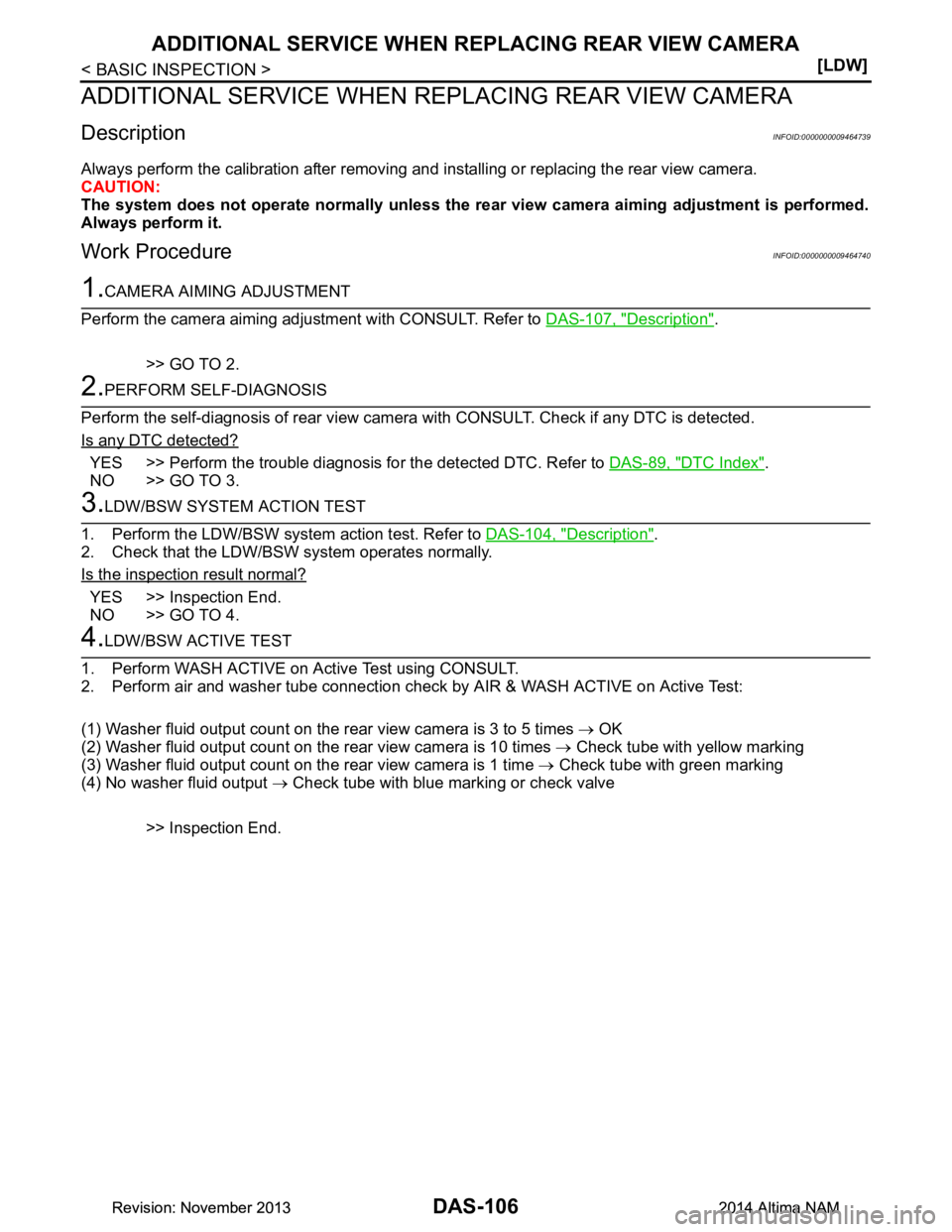 NISSAN TEANA 2014  Service Manual 
DAS-106
< BASIC INSPECTION >[LDW]
ADDITIONAL SERVICE WHEN 
REPLACING REAR VIEW CAMERA
ADDITIONAL SERVICE WHEN R EPLACING REAR VIEW CAMERA
DescriptionINFOID:0000000009464739
Always perform the calibra