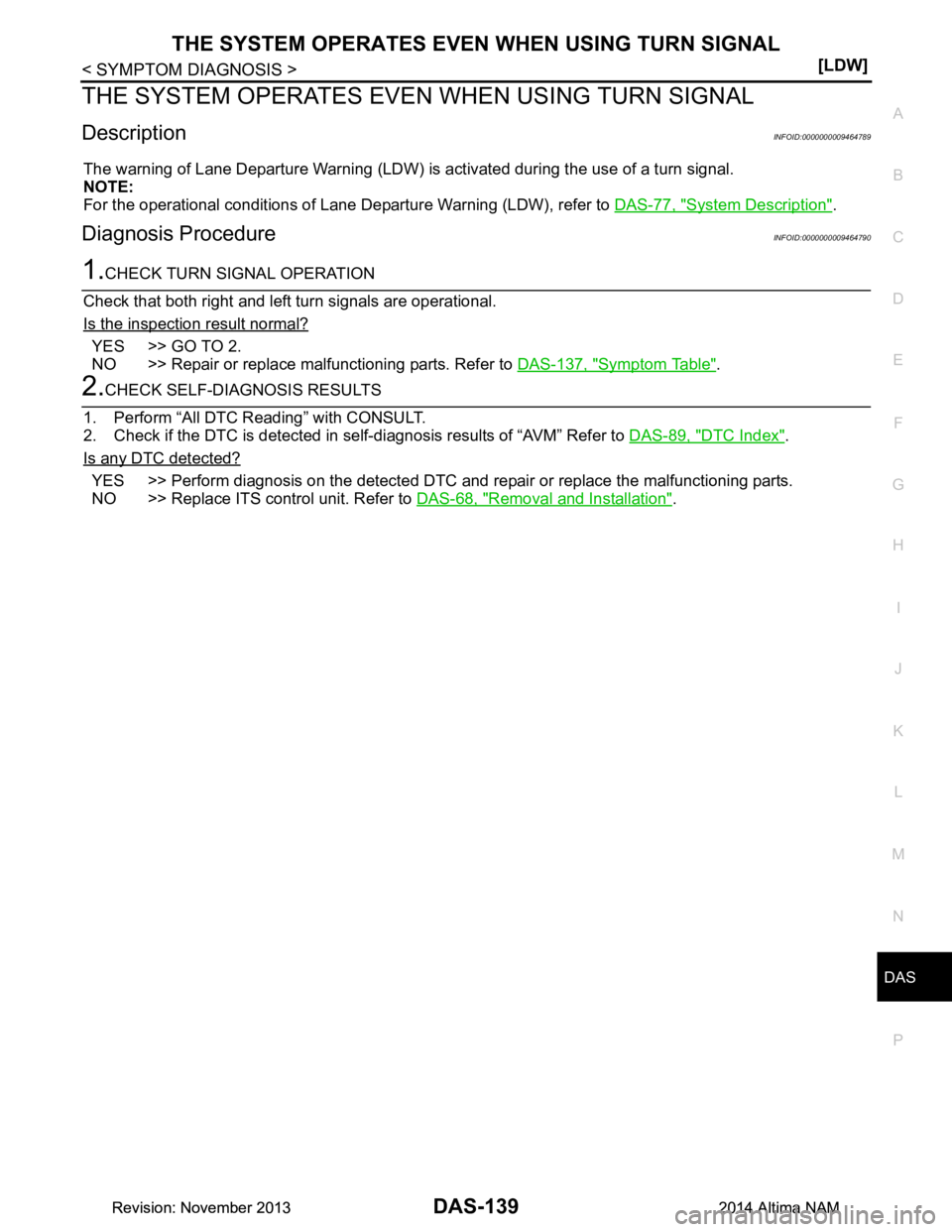 NISSAN TEANA 2014  Service Manual 
DAS
THE SYSTEM OPERATES EVEN WHEN USING TURN SIGNAL
DAS-139
< SYMPTOM DIAGNOSIS > [LDW]
C 
D E
F
G H
I
J
K L
M B
N P 
A
THE SYSTEM OPERATES EVEN WH EN USING TURN SIGNAL
DescriptionINFOID:000000000946