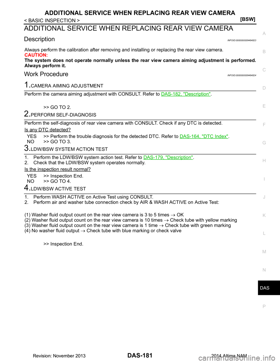 NISSAN TEANA 2014  Service Manual 
DAS
ADDITIONAL SERVICE WHEN REPLACING REAR VIEW CAMERA
DAS-181
< BASIC INSPECTION > [BSW]
C 
D E
F
G H
I
J
K L
M B
N P 
A
ADDITIONAL SERVICE WHEN RE PLACING REAR VIEW CAMERA
DescriptionINFOID:0000000