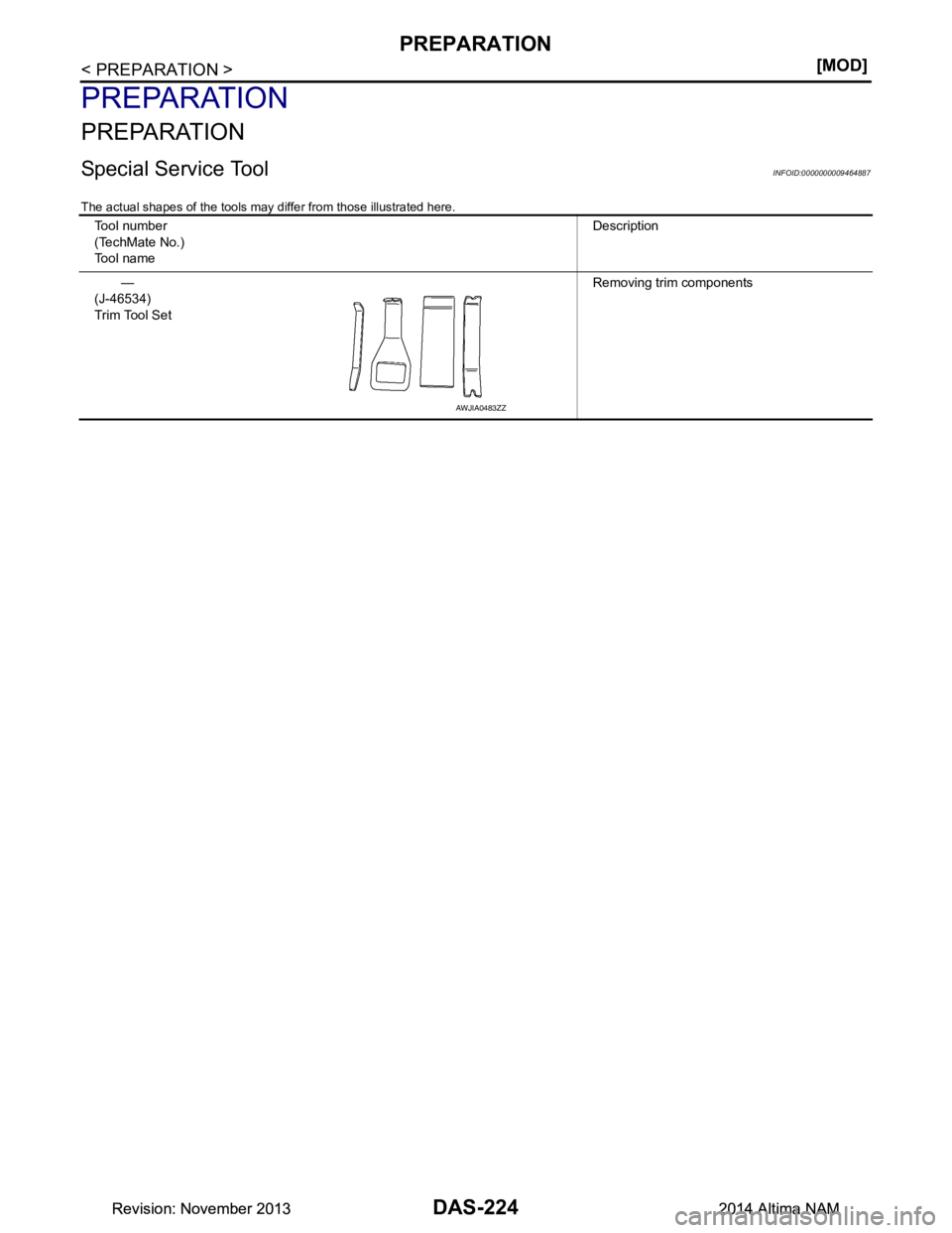 NISSAN TEANA 2014  Service Manual 
DAS-224
< PREPARATION >[MOD]
PREPARATION
PREPARATION
PREPARATION
Special Service ToolINFOID:0000000009464887
The actual shapes of the tools may 
differ from those illustrated here.
Tool number 
(Tech