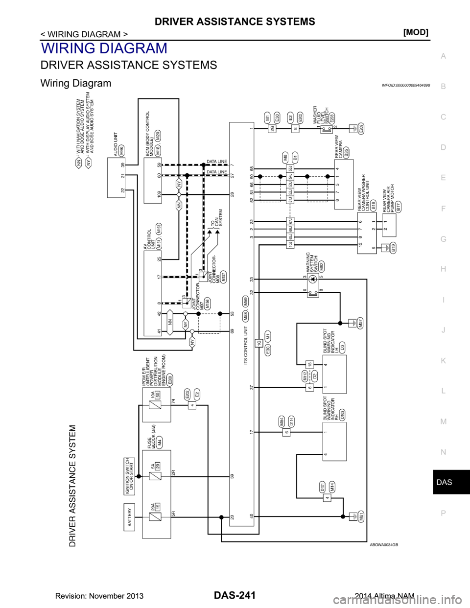 NISSAN TEANA 2014  Service Manual 
DAS
DRIVER ASSISTANCE SYSTEMSDAS-241
< WIRING DIAGRAM > [MOD]
C 
D E
F
G H
I
J
K L
M B
N P 
A
WIRING DIAGRAM
DRIVER ASSISTANCE SYSTEMS
Wiring DiagramINFOID:0000000009464898
ABOWA0034GB
Revision: Nove