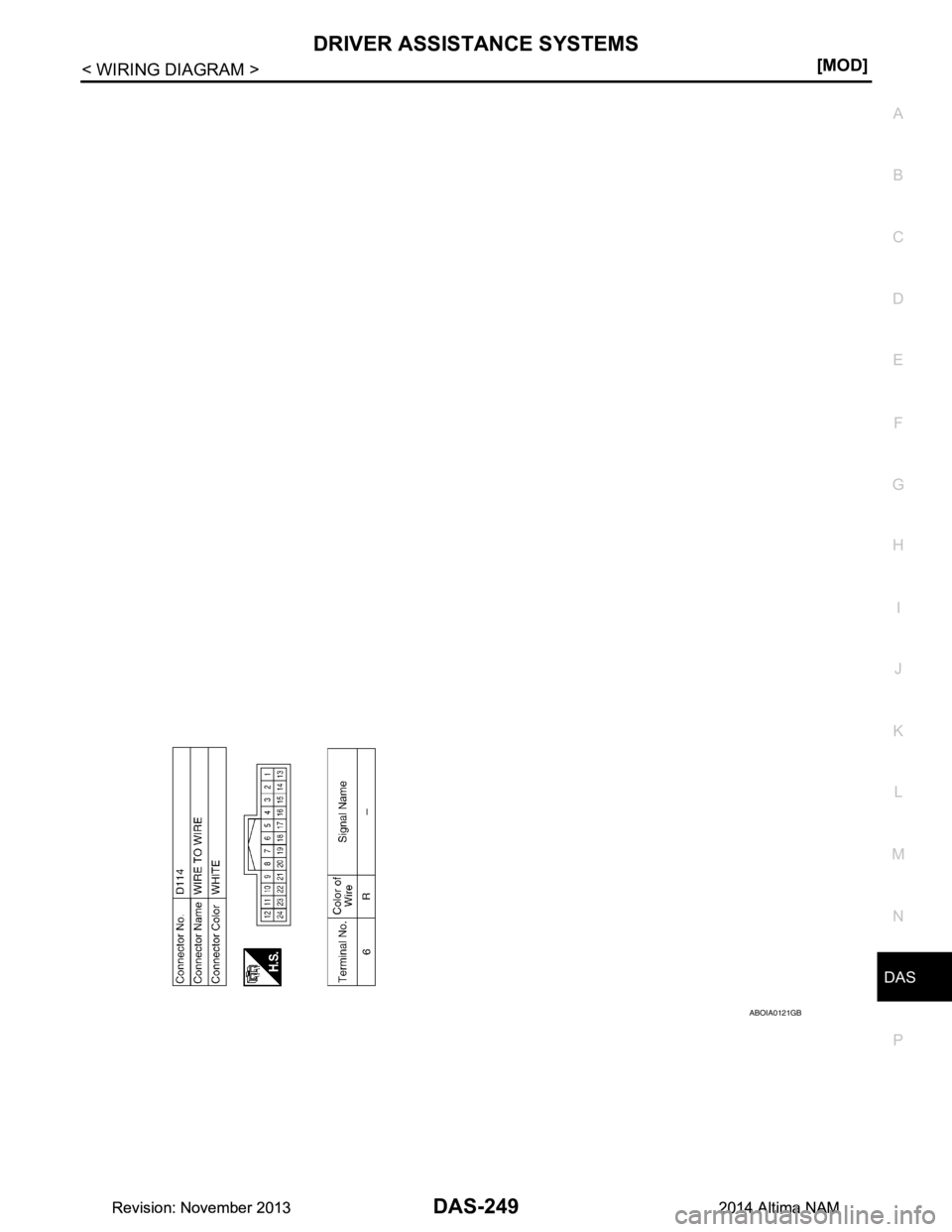 NISSAN TEANA 2014  Service Manual 
DAS
DRIVER ASSISTANCE SYSTEMSDAS-249
< WIRING DIAGRAM > [MOD]
C 
D E
F
G H
I
J
K L
M B
N P 
A
ABOIA0121GB
Revision: November 20132014 Altima NAMRevision: November 20132014 Altima NAM 