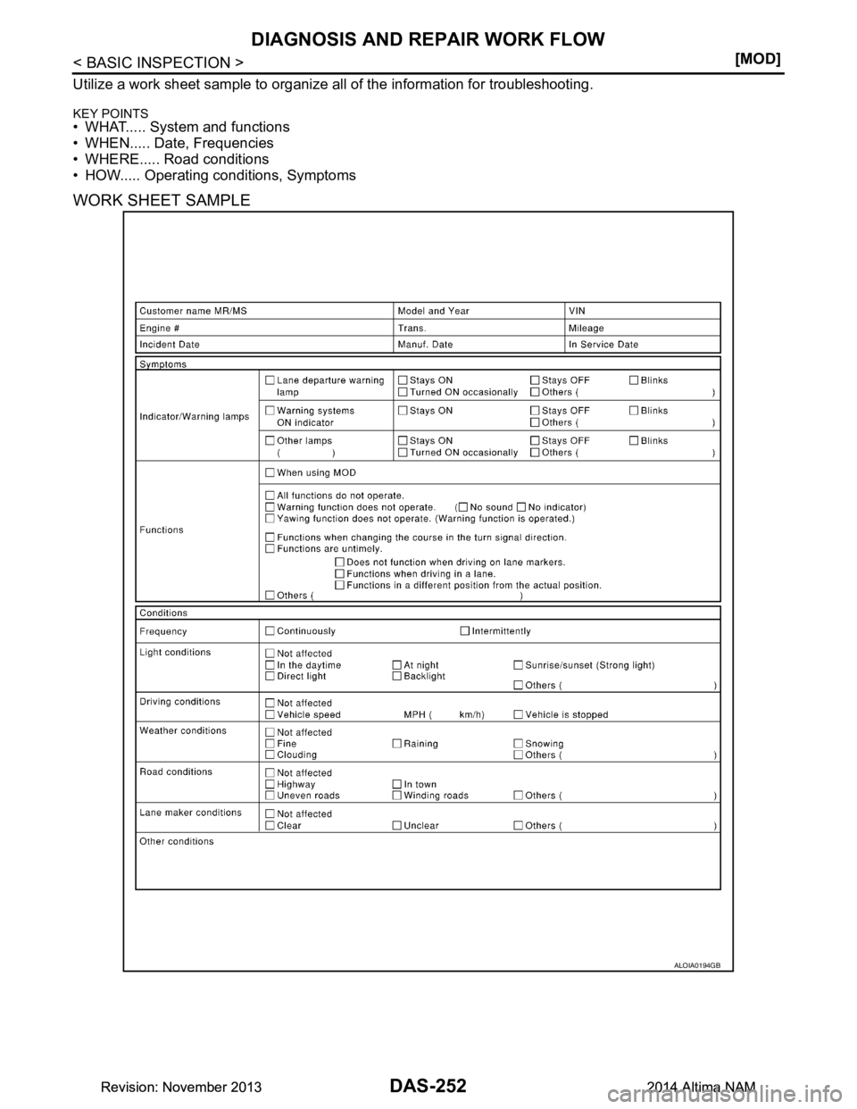 NISSAN TEANA 2014  Service Manual 
DAS-252
< BASIC INSPECTION >[MOD]
DIAGNOSIS AND REPAIR WORK FLOW
Utilize a work sheet sample to organize all of the information for troubleshooting.
KEY POINTS• WHAT..... System and functions 
• 