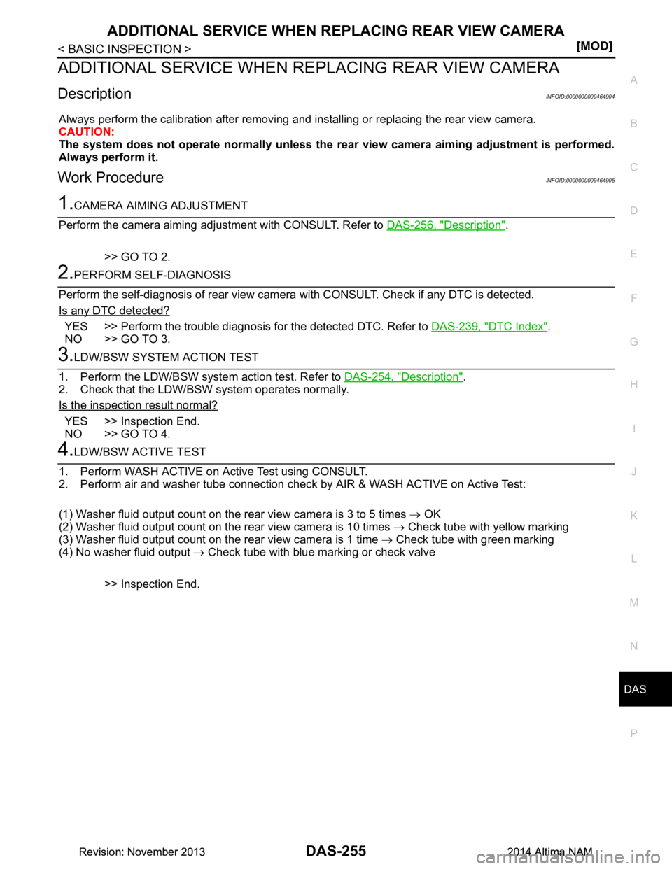 NISSAN TEANA 2014  Service Manual 
DAS
ADDITIONAL SERVICE WHEN REPLACING REAR VIEW CAMERA
DAS-255
< BASIC INSPECTION > [MOD]
C 
D E
F
G H
I
J
K L
M B
N P 
A
ADDITIONAL SERVICE WHEN RE PLACING REAR VIEW CAMERA
DescriptionINFOID:0000000