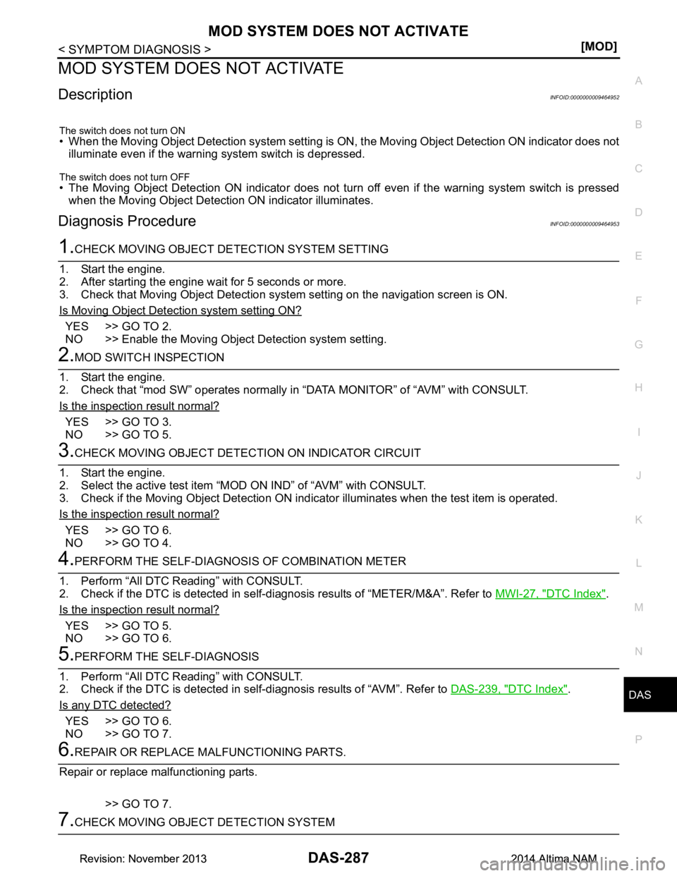 NISSAN TEANA 2014  Service Manual 
DAS
MOD SYSTEM DOES NOT ACTIVATEDAS-287
< SYMPTOM DIAGNOSIS > [MOD]
C 
D E
F
G H
I
J
K L
M B
N P 
A
MOD SYSTEM DOES NOT ACTIVATE
DescriptionINFOID:0000000009464952
The switch does  not turn ON
• Wh