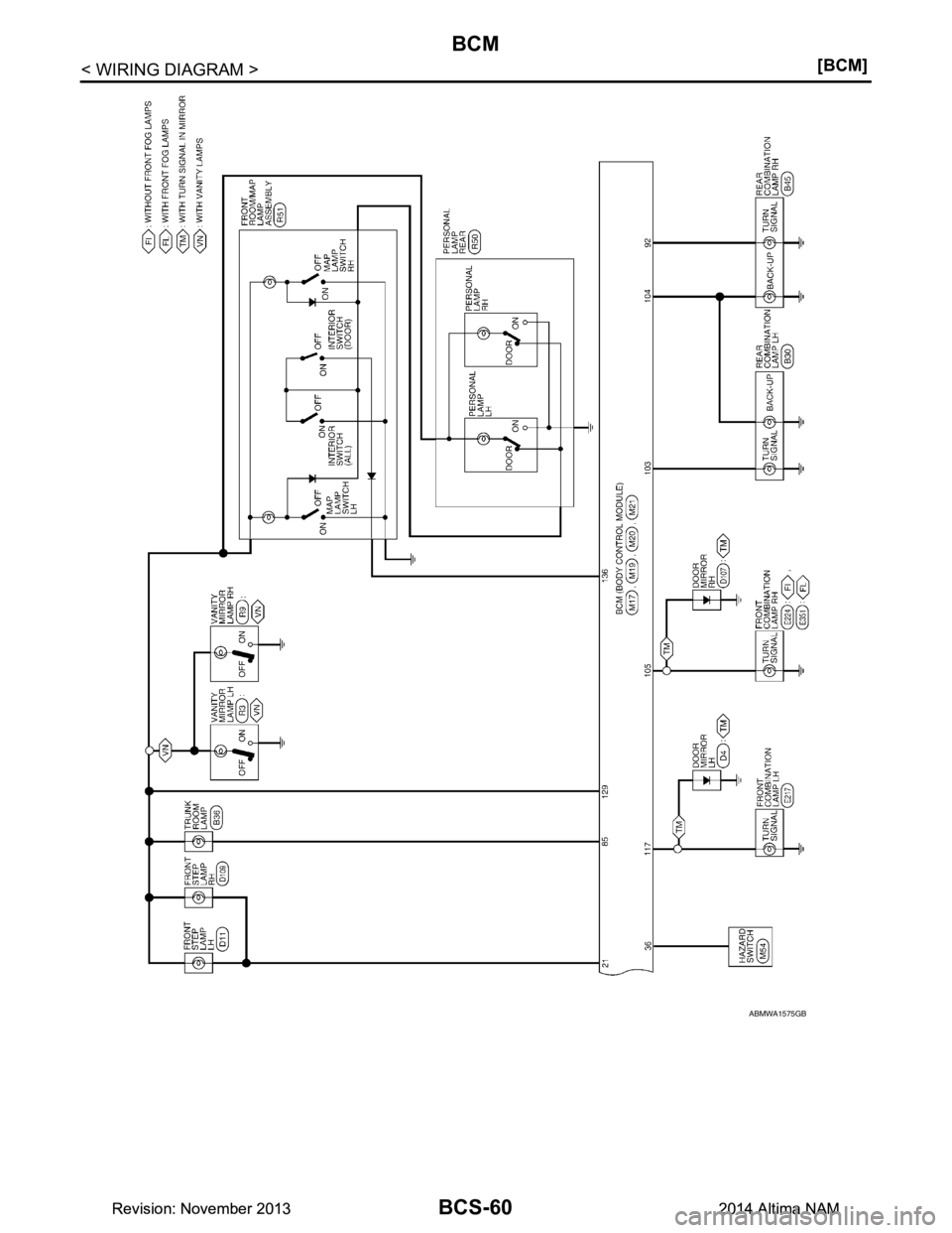 NISSAN TEANA 2014 Manual PDF 
BCS-60
< WIRING DIAGRAM >[BCM]
BCM
ABMWA1575GB
Revision: November 20132014 Altima NAMRevision: November 20132014 Altima NAM 