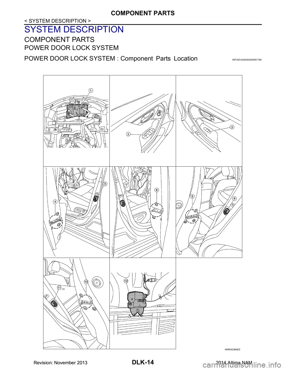 NISSAN TEANA 2014 Service Manual
DLK-14
< SYSTEM DESCRIPTION >
COMPONENT PARTS
SYSTEM DESCRIPTION
COMPONENT PARTS
POWER DOOR LOCK SYSTEM
POWER DOOR LOCK SYSTEM : Component Parts LocationINFOID:0000000009461766
AWKIA2369ZZ
Revision: NISSAN TEANA 2014 Service Manual
DLK-14
< SYSTEM DESCRIPTION >
COMPONENT PARTS
SYSTEM DESCRIPTION
COMPONENT PARTS
POWER DOOR LOCK SYSTEM
POWER DOOR LOCK SYSTEM : Component Parts LocationINFOID:0000000009461766
AWKIA2369ZZ
Revision: