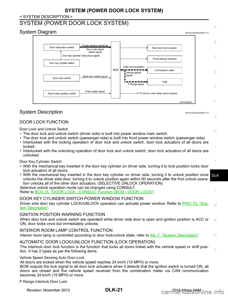 NISSAN TEANA 2014 Service Manual
SYSTEM (POWER DOOR LOCK SYSTEM)DLK-21
< SYSTEM DESCRIPTION >
C
D E
F
G H
I
J
L
M A
B
DLK
N
O P
SYSTEM (POWER DOOR LOCK SYSTEM)
System DiagramINFOID:0000000009461774
System DescriptionINFOID:0000000 NISSAN TEANA 2014 Service Manual
SYSTEM (POWER DOOR LOCK SYSTEM)DLK-21
< SYSTEM DESCRIPTION >
C
D E
F
G H
I
J
L
M A
B
DLK
N
O P
SYSTEM (POWER DOOR LOCK SYSTEM)
System DiagramINFOID:0000000009461774
System DescriptionINFOID:0000000