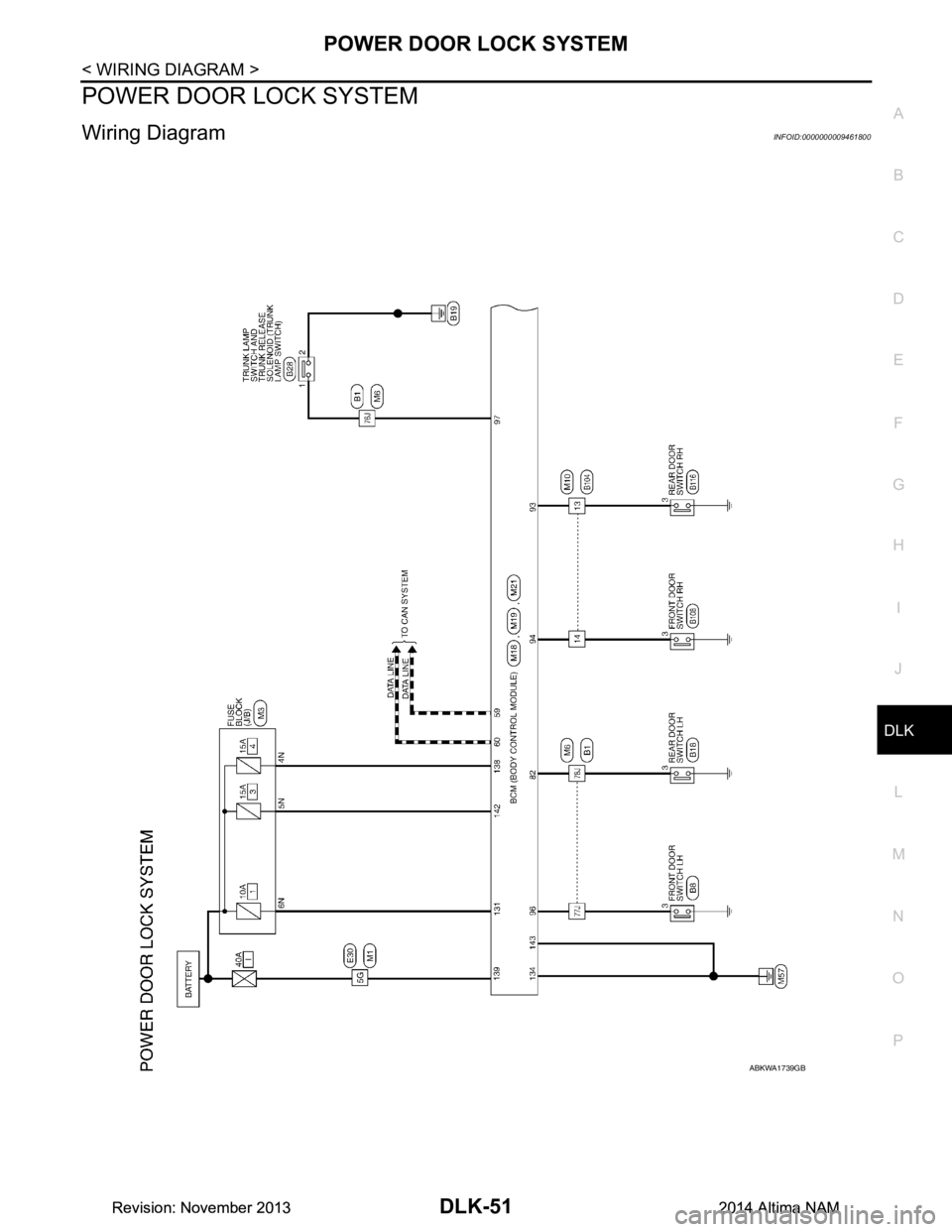 NISSAN TEANA 2014 Service Manual
POWER DOOR LOCK SYSTEMDLK-51
< WIRING DIAGRAM >
C
D E
F
G H
I
J
L
M A
B
DLK
N
O P
POWER DOOR LOCK SYSTEM
Wiring DiagramINFOID:0000000009461800
ABKWA1739GB
Revision: November 20132014 Altima NAMRevi NISSAN TEANA 2014 Service Manual
POWER DOOR LOCK SYSTEMDLK-51
< WIRING DIAGRAM >
C
D E
F
G H
I
J
L
M A
B
DLK
N
O P
POWER DOOR LOCK SYSTEM
Wiring DiagramINFOID:0000000009461800
ABKWA1739GB
Revision: November 20132014 Altima NAMRevi