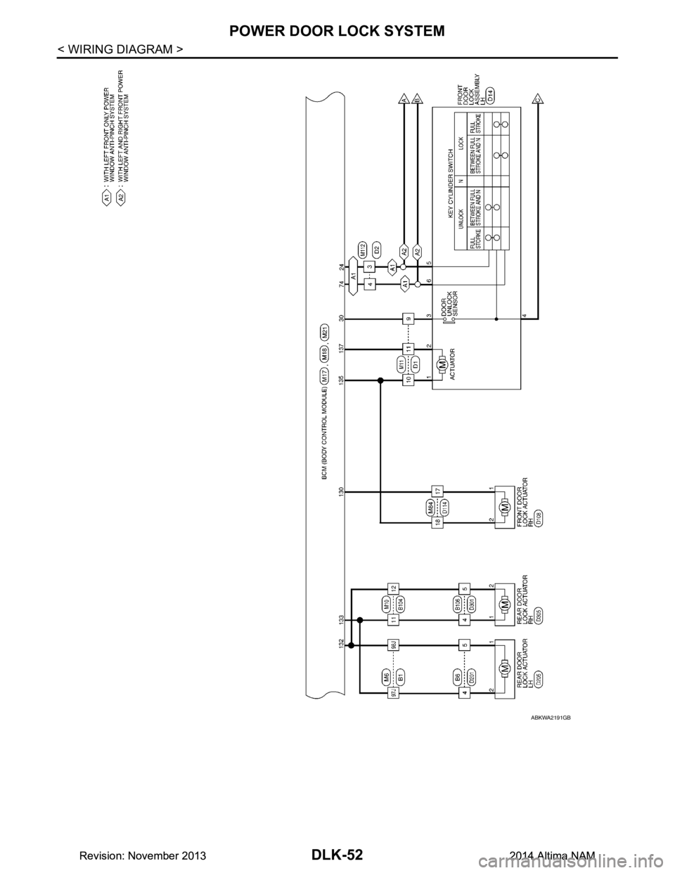 NISSAN TEANA 2014 Service Manual
DLK-52
< WIRING DIAGRAM >
POWER DOOR LOCK SYSTEM
ABKWA2191GB
Revision: November 20132014 Altima NAMRevision: November 20132014 Altima NAM NISSAN TEANA 2014 Service Manual
DLK-52
< WIRING DIAGRAM >
POWER DOOR LOCK SYSTEM
ABKWA2191GB
Revision: November 20132014 Altima NAMRevision: November 20132014 Altima NAM