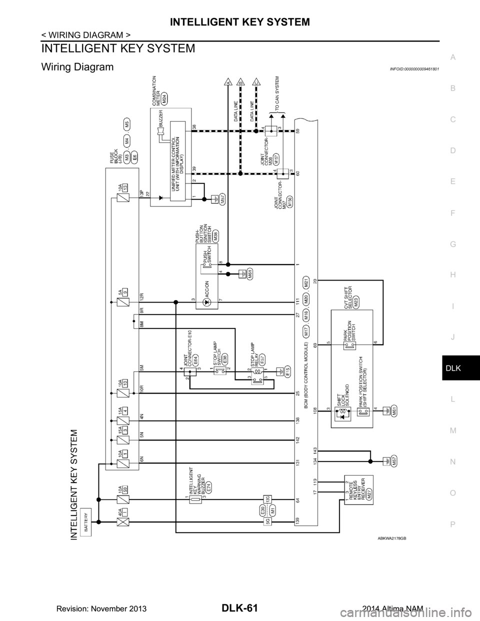 NISSAN TEANA 2014  Service Manual 
INTELLIGENT KEY SYSTEMDLK-61
< WIRING DIAGRAM >
C 
D E
F
G H
I
J
L
M A 
B
DLK
N
O P
INTELLIGENT KEY SYSTEM
Wiring DiagramINFOID:0000000009461801
ABKWA2178GB
Revision: November 20132014 Altima NAMRevi