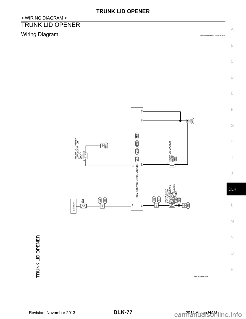 NISSAN TEANA 2014  Service Manual 
TRUNK LID OPENERDLK-77
< WIRING DIAGRAM >
C 
D E
F
G H
I
J
L
M A 
B
DLK
N
O P
TRUNK LID OPENER
Wiring DiagramINFOID:0000000009461802
ABKWA2182GB
Revision: November 20132014 Altima NAMRevision: Novemb