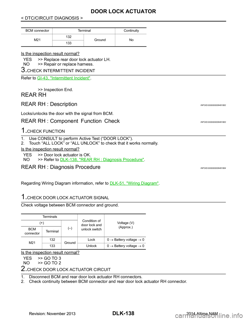 NISSAN TEANA 2014 Service Manual
DLK-138
< DTC/CIRCUIT DIAGNOSIS >
DOOR LOCK ACTUATOR
Is the inspection result normal?
YES >> Replace rear door lock actuator LH.
NO >> Repair or replace harness.
3.CHECK INTERMITTENT INCIDENT
Refer NISSAN TEANA 2014 Service Manual
DLK-138
< DTC/CIRCUIT DIAGNOSIS >
DOOR LOCK ACTUATOR
Is the inspection result normal?
YES >> Replace rear door lock actuator LH.
NO >> Repair or replace harness.
3.CHECK INTERMITTENT INCIDENT
Refer