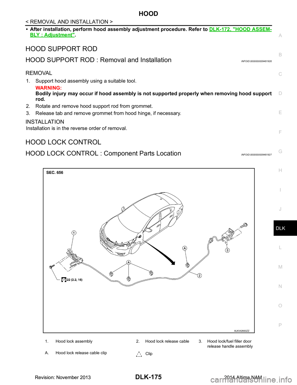 NISSAN TEANA 2014 Service Manual
HOOD
DLK-175
< REMOVAL AND INSTALLATION >
C
D E
F
G H
I
J
L
M A
B
DLK
N
O P
• After installation, perform hood assem bly adjustment procedure. Refer to DLK-172, "HOOD ASSEM-
BLY : Adjustment".
HO NISSAN TEANA 2014 Service Manual
HOOD
DLK-175
< REMOVAL AND INSTALLATION >
C
D E
F
G H
I
J
L
M A
B
DLK
N
O P
• After installation, perform hood assem bly adjustment procedure. Refer to DLK-172, "HOOD ASSEM-
BLY : Adjustment".
HO