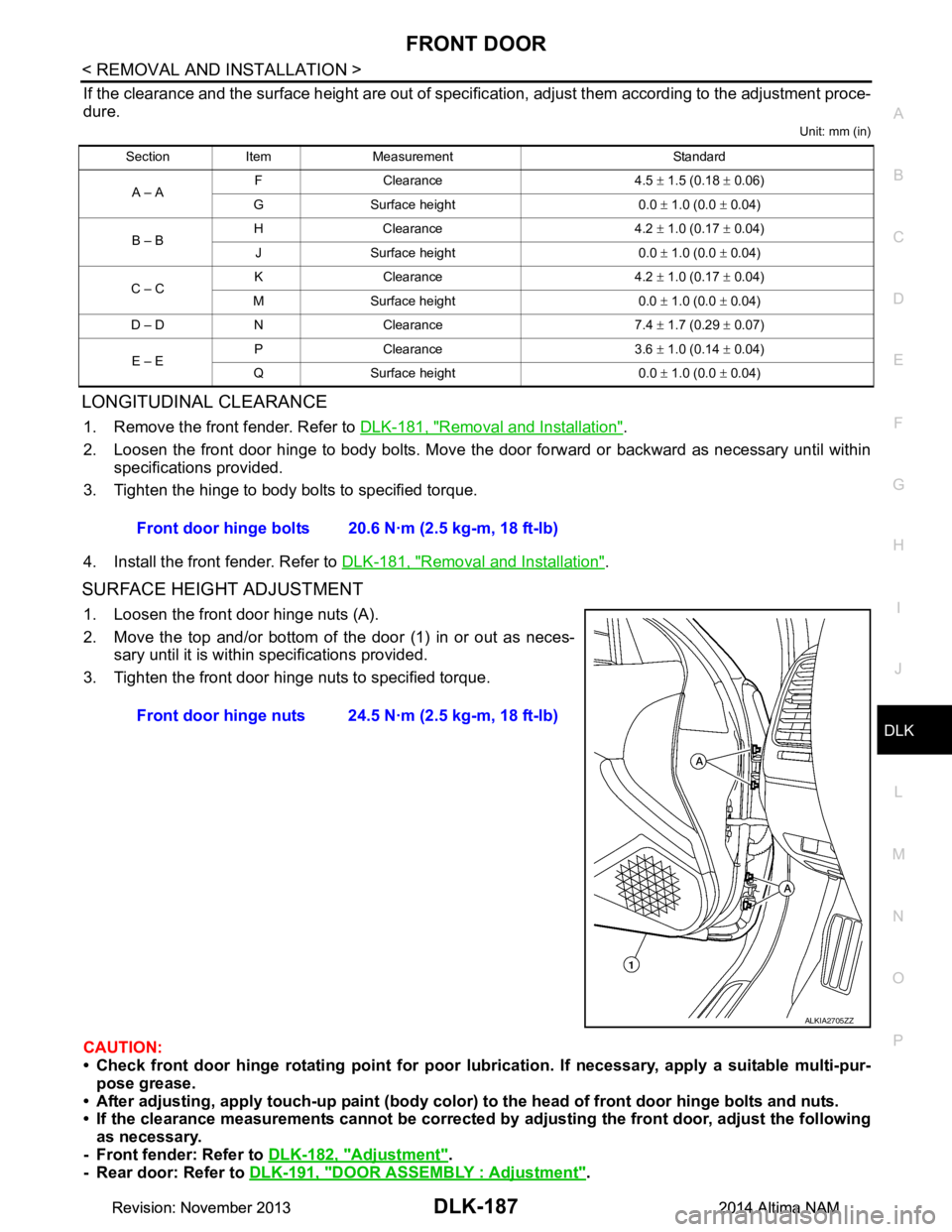 NISSAN TEANA 2014  Service Manual 
FRONT DOORDLK-187
< REMOVAL AND INSTALLATION >
C 
D E
F
G H
I
J
L
M A 
B
DLK
N
O P
If the clearance and the surface height are out of specific ation, adjust them according to the adjustment proce-
du