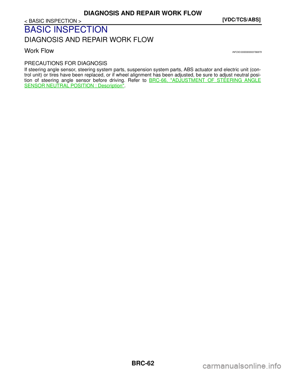 NISSAN TEANA 2008  Service Manual BRC-62
< BASIC INSPECTION >[VDC/TCS/ABS]
DIAGNOSIS AND REPAIR WORK FLOW
BASIC INSPECTION
DIAGNOSIS AND REPAIR WORK FLOW
Work FlowINFOID:0000000003766879
PRECAUTIONS FOR DIAGNOSIS
If steering angle sen