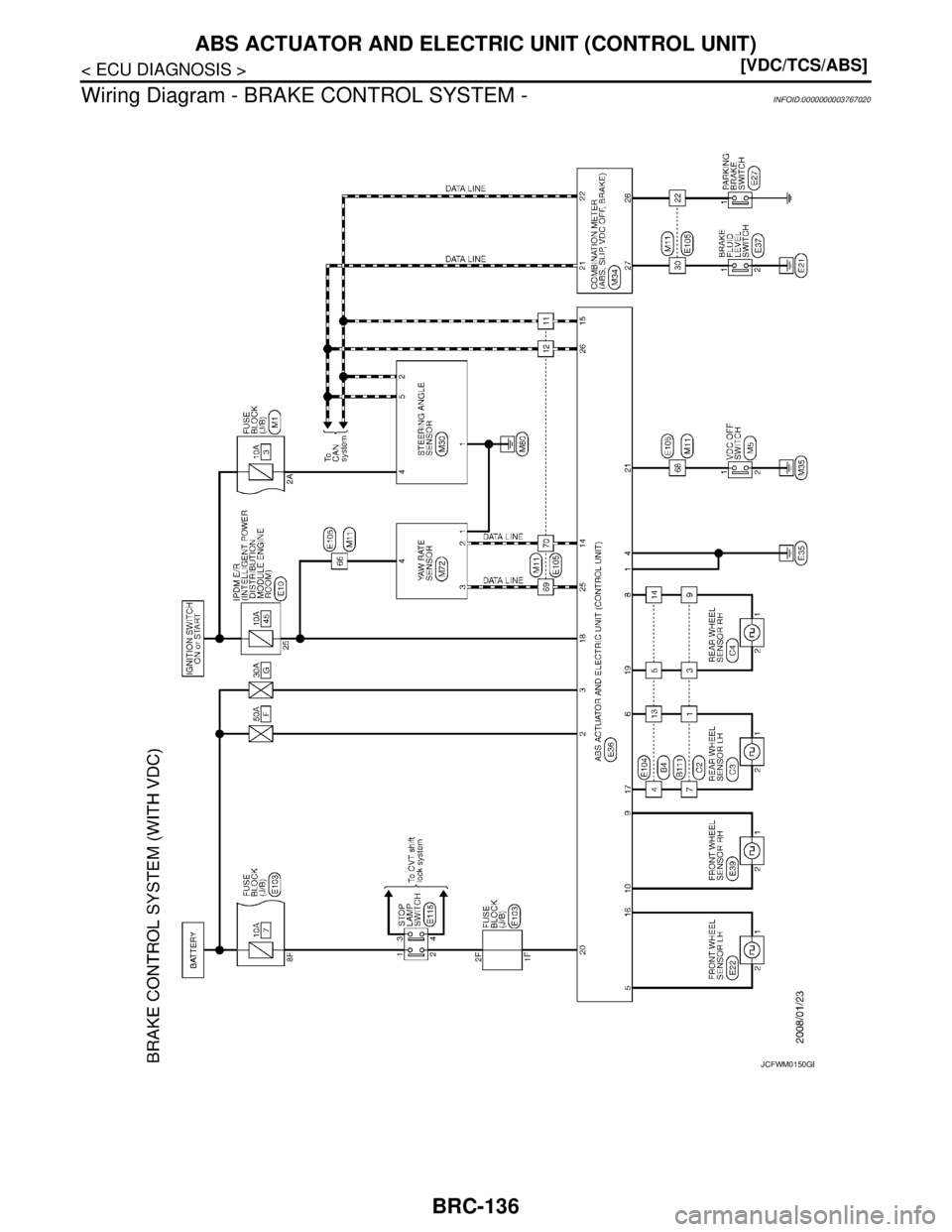 NISSAN TEANA 2008  Service Manual BRC-136
< ECU DIAGNOSIS >[VDC/TCS/ABS]
ABS ACTUATOR AND ELECTRIC UNIT (CONTROL UNIT)
Wiring Diagram - BRAKE CONTROL SYSTEM -
INFOID:0000000003767020
JCFWM0150GB 