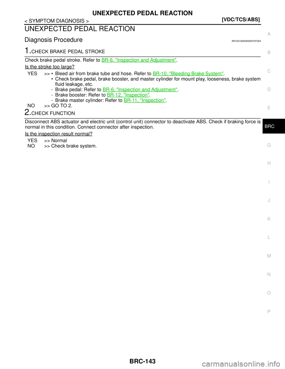 NISSAN TEANA 2008  Service Manual UNEXPECTED PEDAL REACTION
BRC-143
< SYMPTOM DIAGNOSIS >[VDC/TCS/ABS]
C
D
E
G
H
I
J
K
L
MA
B
BRC
N
O
P
UNEXPECTED PEDAL REACTION
Diagnosis ProcedureINFOID:0000000003767024
1.CHECK BRAKE PEDAL STROKE
Ch