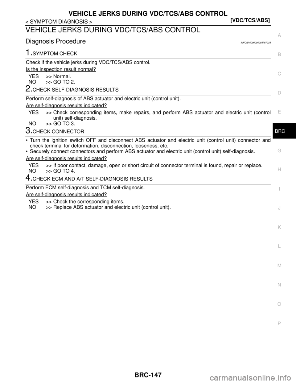 NISSAN TEANA 2008  Service Manual VEHICLE JERKS DURING VDC/TCS/ABS CONTROL
BRC-147
< SYMPTOM DIAGNOSIS >[VDC/TCS/ABS]
C
D
E
G
H
I
J
K
L
MA
B
BRC
N
O
P
VEHICLE JERKS DURING VDC/TCS/ABS CONTROL
Diagnosis ProcedureINFOID:0000000003767028