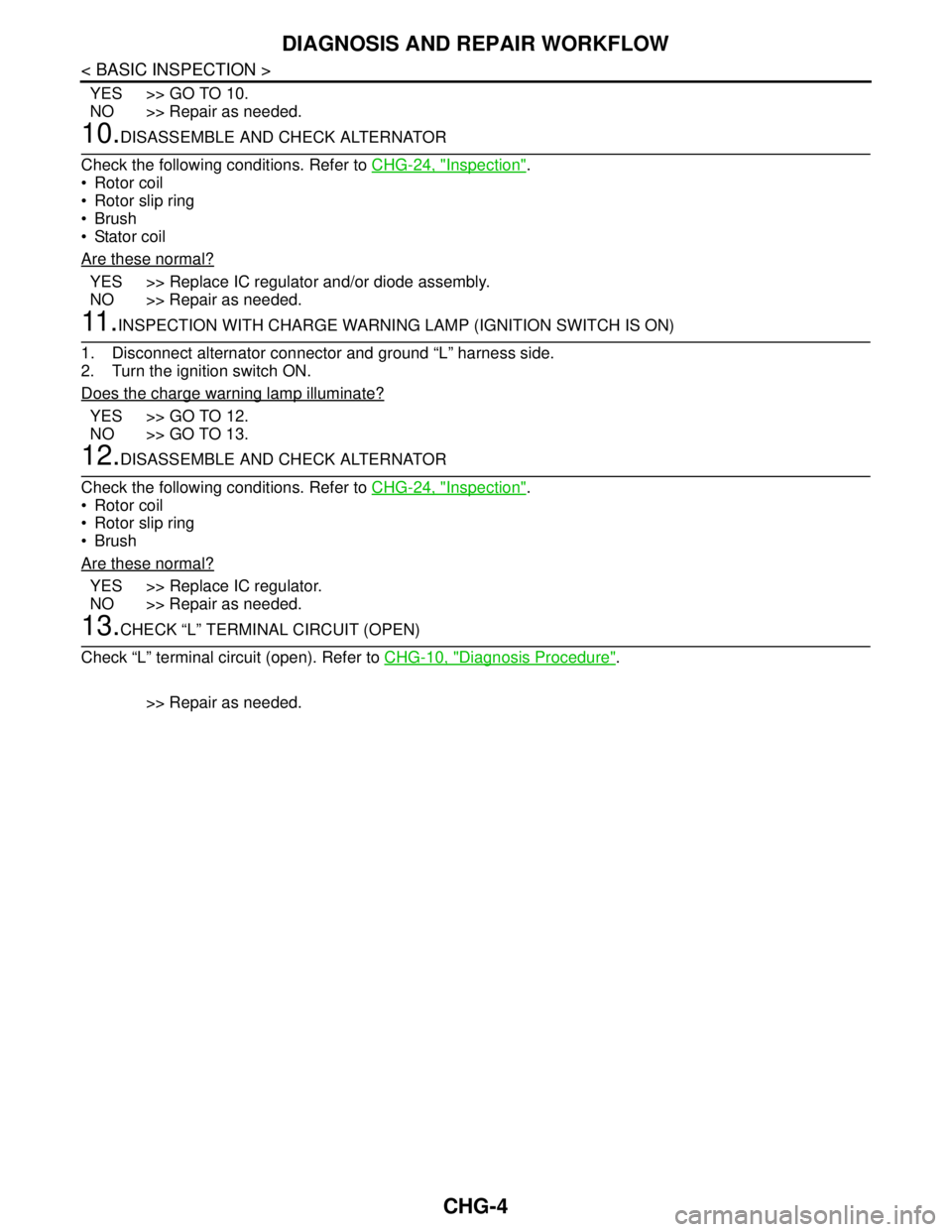 NISSAN TEANA 2008 Service Manual CHG-4
< BASIC INSPECTION >
DIAGNOSIS AND REPAIR WORKFLOW
YES >> GO TO 10.
NO >> Repair as needed.
10.DISASSEMBLE AND CHECK ALTERNATOR
Check the following conditions. Refer to CHG-24, "
Inspection".
NISSAN TEANA 2008 Service Manual CHG-4
< BASIC INSPECTION >
DIAGNOSIS AND REPAIR WORKFLOW
YES >> GO TO 10.
NO >> Repair as needed.
10.DISASSEMBLE AND CHECK ALTERNATOR
Check the following conditions. Refer to CHG-24, "
Inspection".
