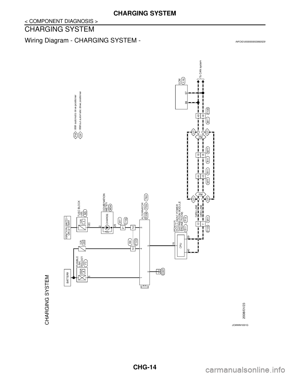 NISSAN TEANA 2008  Service Manual CHG-14
< COMPONENT DIAGNOSIS >
CHARGING SYSTEM
CHARGING SYSTEM
Wiring Diagram - CHARGING SYSTEM -INFOID:0000000003860529
JCMWM1691GB 