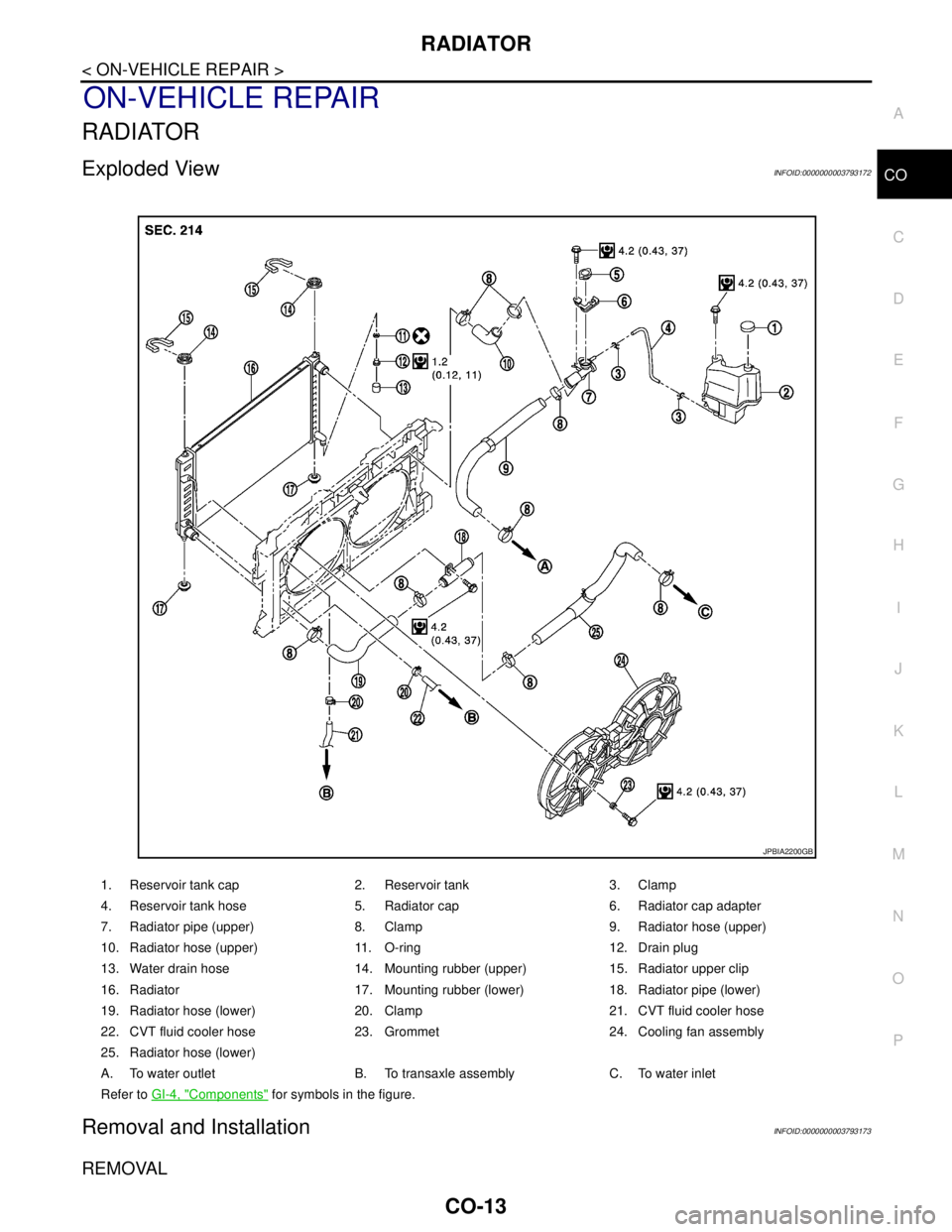 NISSAN TEANA 2008 Service Manual RADIATOR
CO-13
< ON-VEHICLE REPAIR >
C
D
E
F
G
H
I
J
K
L
MA
CO
N
P O
ON-VEHICLE REPAIR
RADIATOR
Exploded ViewINFOID:0000000003793172
Removal and InstallationINFOID:0000000003793173
REMOVAL
1. Reservoi NISSAN TEANA 2008 Service Manual RADIATOR
CO-13
< ON-VEHICLE REPAIR >
C
D
E
F
G
H
I
J
K
L
MA
CO
N
P O
ON-VEHICLE REPAIR
RADIATOR
Exploded ViewINFOID:0000000003793172
Removal and InstallationINFOID:0000000003793173
REMOVAL
1. Reservoi