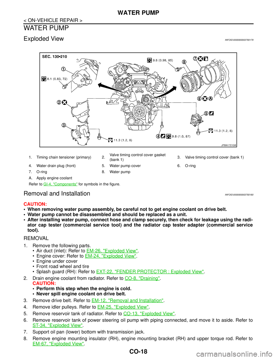 NISSAN TEANA 2008 Service Manual CO-18
< ON-VEHICLE REPAIR >
WATER PUMP
WATER PUMP
Exploded ViewINFOID:0000000003793179
Removal and InstallationINFOID:0000000003793180
CAUTION:
When removing water pump assembly, be careful not to g NISSAN TEANA 2008 Service Manual CO-18
< ON-VEHICLE REPAIR >
WATER PUMP
WATER PUMP
Exploded ViewINFOID:0000000003793179
Removal and InstallationINFOID:0000000003793180
CAUTION:
When removing water pump assembly, be careful not to g