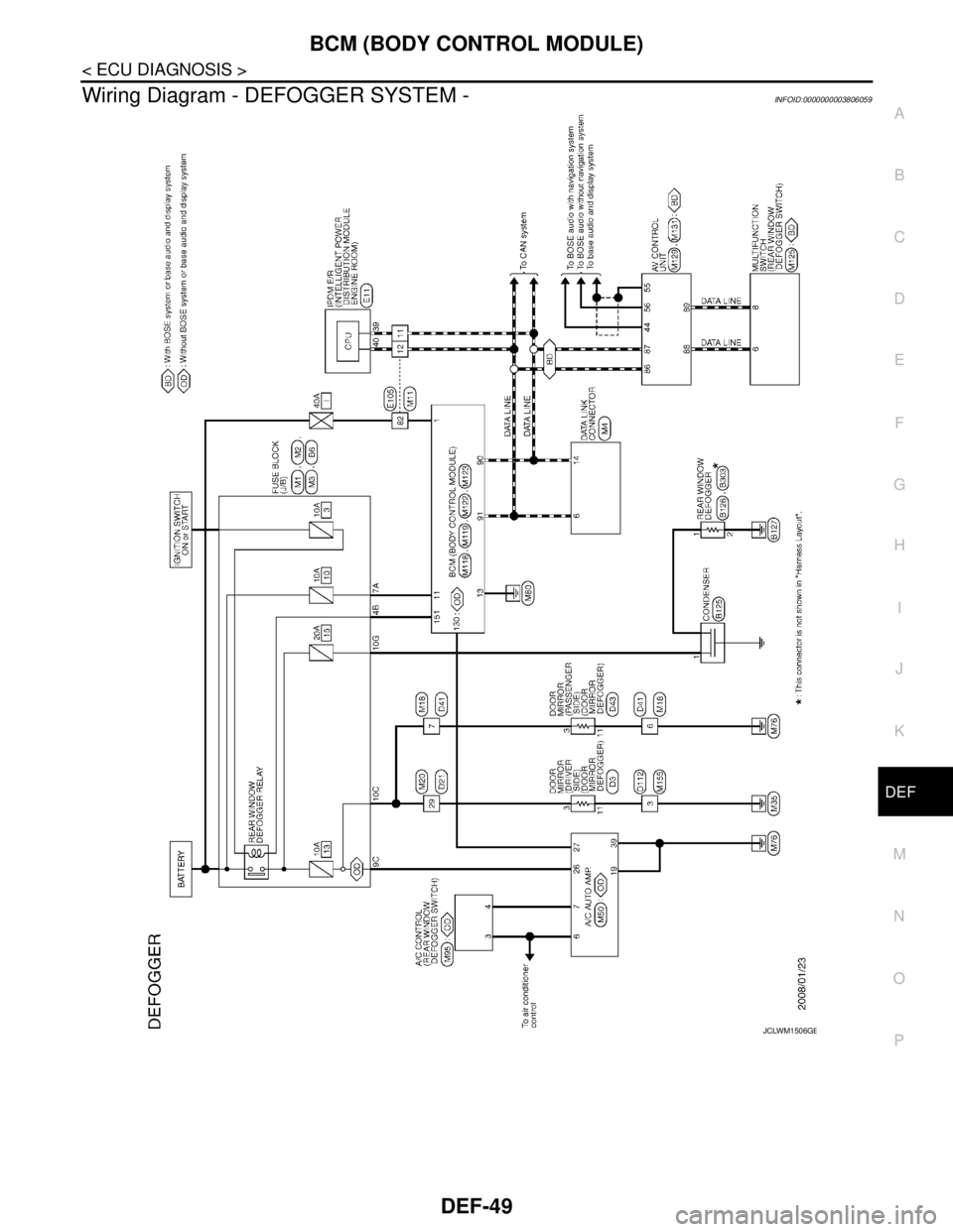 NISSAN TEANA 2008  Service Manual BCM (BODY CONTROL MODULE)
DEF-49
< ECU DIAGNOSIS >
C
D
E
F
G
H
I
J
K
MA
B
DEF
N
O
P
Wiring Diagram - DEFOGGER SYSTEM -INFOID:0000000003806059
JCLWM1506GB 