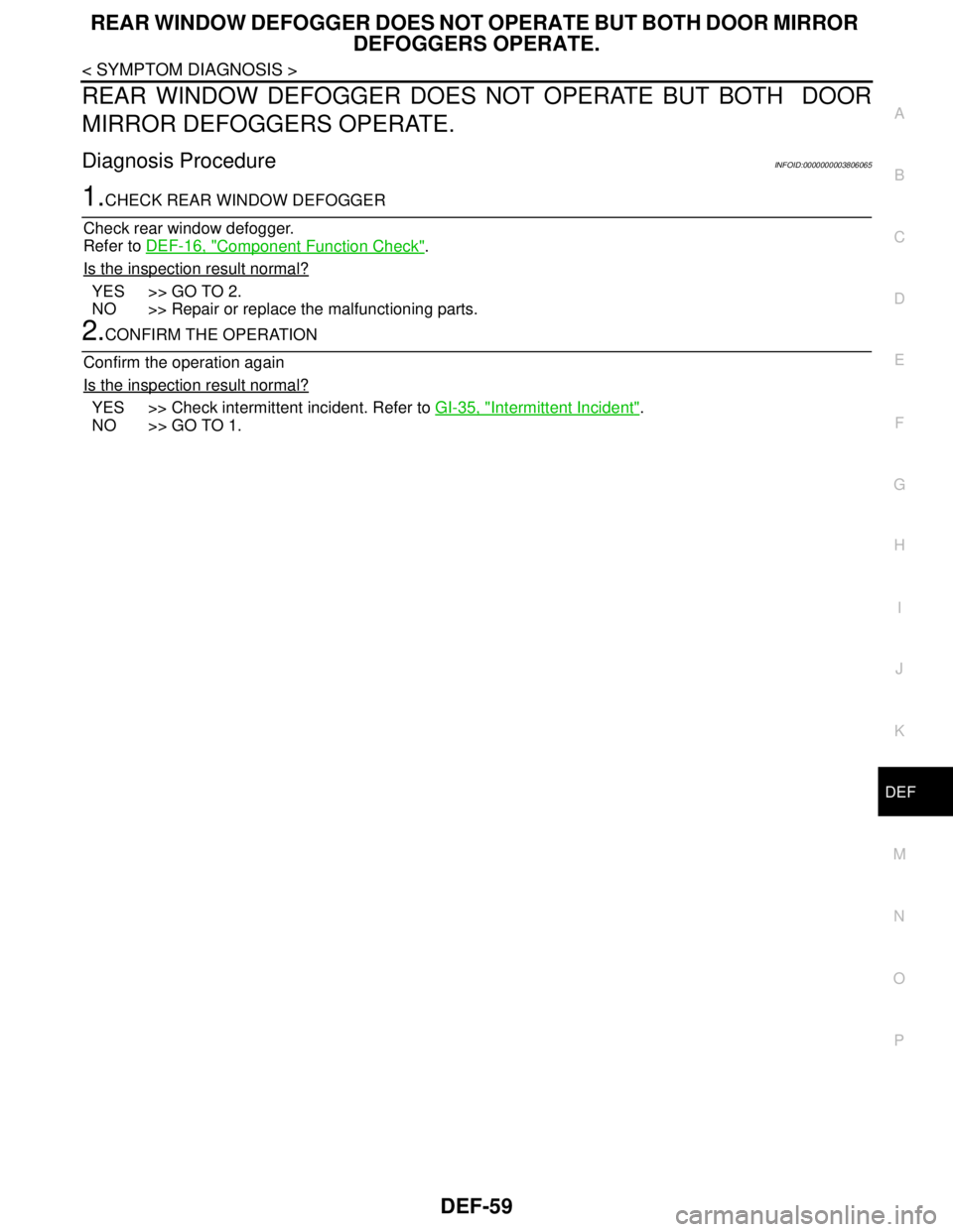 NISSAN TEANA 2008  Service Manual REAR WINDOW DEFOGGER DOES NOT OPERATE BUT BOTH DOOR MIRROR 
DEFOGGERS OPERATE.
DEF-59
< SYMPTOM DIAGNOSIS >
C
D
E
F
G
H
I
J
K
MA
B
DEF
N
O
P
REAR WINDOW DEFOGGER DOES NOT OPERATE BUT BOTH  DOOR
MIRROR