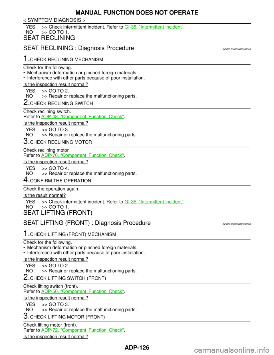 NISSAN TEANA 2008  Service Manual ADP-126
< SYMPTOM DIAGNOSIS >
MANUAL FUNCTION DOES NOT OPERATE
YES >> Check intermittent incident. Refer to GI-35, "Intermittent Incident".
NO >> GO TO 1.
SEAT RECLINING
SEAT RECLINING : Diagnosis Pro