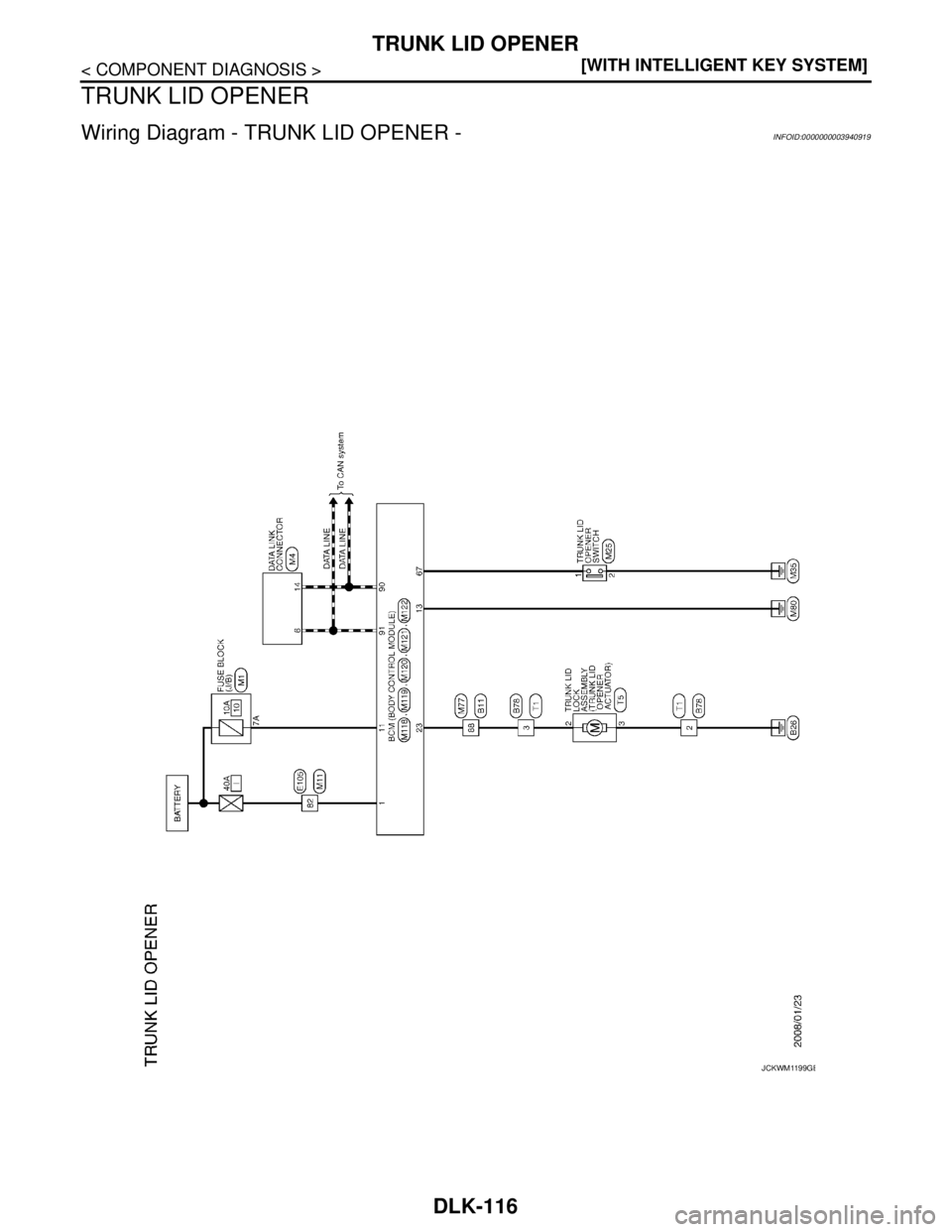 NISSAN TEANA 2008  Service Manual DLK-116
< COMPONENT DIAGNOSIS >[WITH INTELLIGENT KEY SYSTEM]
TRUNK LID OPENER
TRUNK LID OPENER
Wiring Diagram - TRUNK LID OPENER -INFOID:0000000003940919
JCKWM1199GB 