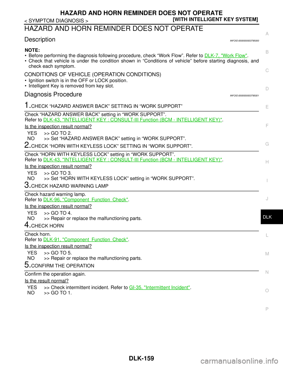 NISSAN TEANA 2008  Service Manual HAZARD AND HORN REMINDER DOES NOT OPERATE
DLK-159
< SYMPTOM DIAGNOSIS >[WITH INTELLIGENT KEY SYSTEM]
C
D
E
F
G
H
I
J
L
MA
B
DLK
N
O
P
HAZARD AND HORN REMINDER DOES NOT OPERATE
DescriptionINFOID:000000