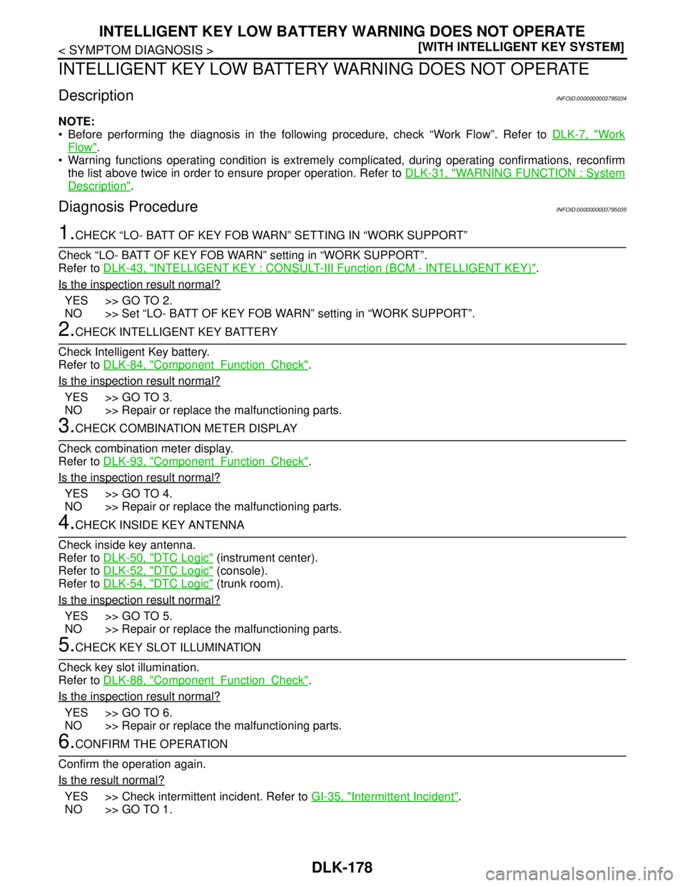 NISSAN TEANA 2008  Service Manual DLK-178
< SYMPTOM DIAGNOSIS >[WITH INTELLIGENT KEY SYSTEM]
INTELLIGENT KEY LOW BATTERY WARNING DOES NOT OPERATE
INTELLIGENT KEY LOW BATTERY WARNING DOES NOT OPERATE
DescriptionINFOID:0000000003795034

