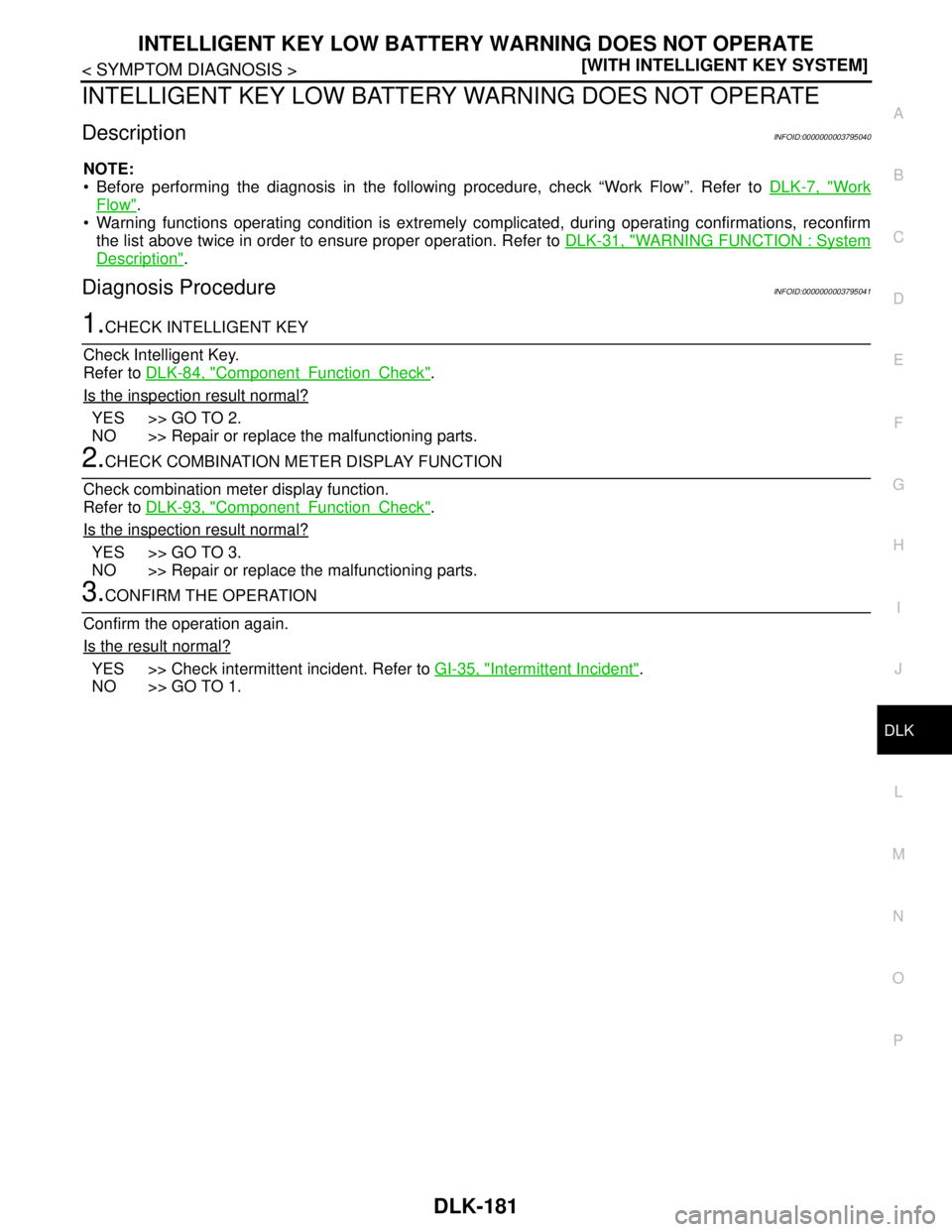 NISSAN TEANA 2008  Service Manual INTELLIGENT KEY LOW BATTERY WARNING DOES NOT OPERATE
DLK-181
< SYMPTOM DIAGNOSIS >[WITH INTELLIGENT KEY SYSTEM]
C
D
E
F
G
H
I
J
L
MA
B
DLK
N
O
P
INTELLIGENT KEY LOW BATTERY WARNING DOES NOT OPERATE
De