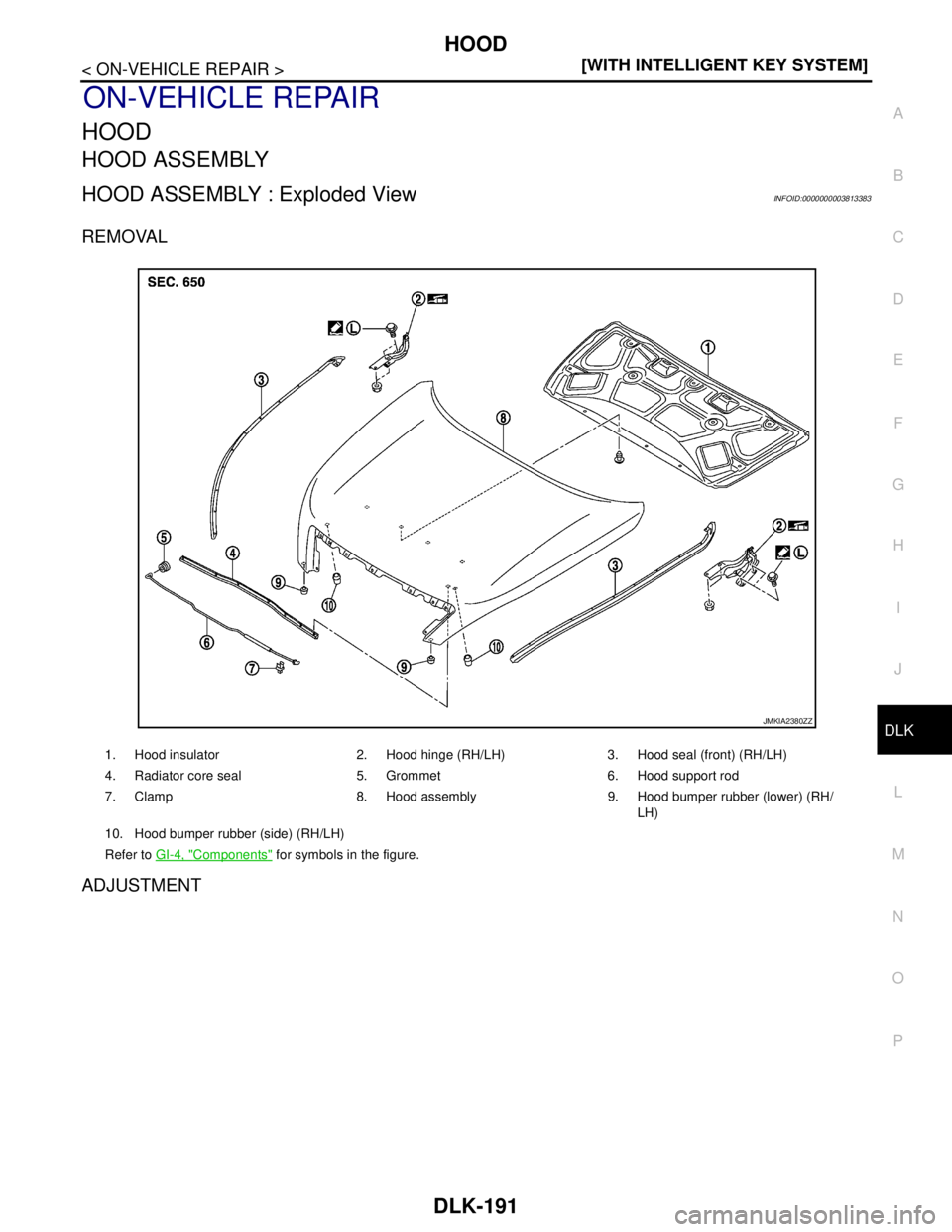 NISSAN TEANA 2008  Service Manual HOOD
DLK-191
< ON-VEHICLE REPAIR >[WITH INTELLIGENT KEY SYSTEM]
C
D
E
F
G
H
I
J
L
MA
B
DLK
N
O
P
ON-VEHICLE REPAIR
HOOD
HOOD ASSEMBLY
HOOD ASSEMBLY : Exploded ViewINFOID:0000000003813383
REMOVAL
ADJUS