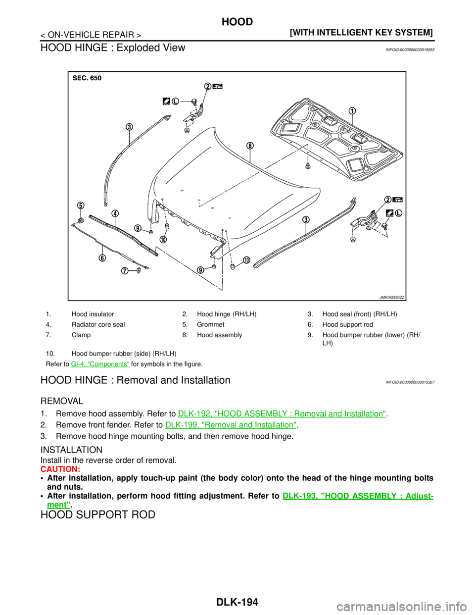 NISSAN TEANA 2008  Service Manual DLK-194
< ON-VEHICLE REPAIR >[WITH INTELLIGENT KEY SYSTEM]
HOOD
HOOD HINGE : Exploded View
INFOID:0000000003819555
HOOD HINGE : Removal and InstallationINFOID:0000000003813387
REMOVAL
1. Remove hood a