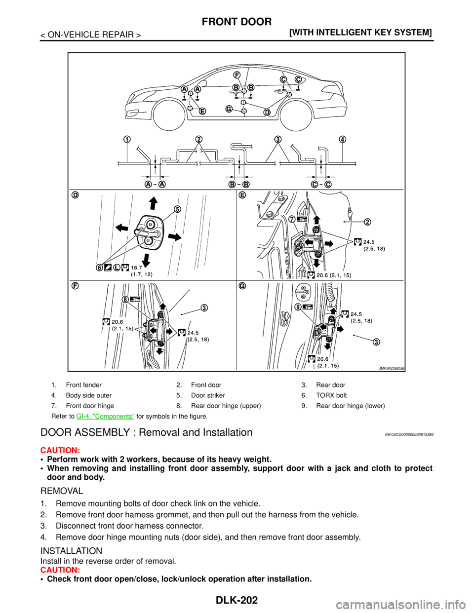 NISSAN TEANA 2008  Service Manual DLK-202
< ON-VEHICLE REPAIR >[WITH INTELLIGENT KEY SYSTEM]
FRONT DOOR
DOOR ASSEMBLY : Removal and Installation
INFOID:0000000003813395
CAUTION:
 Perform work with 2 workers, because of its heavy weig